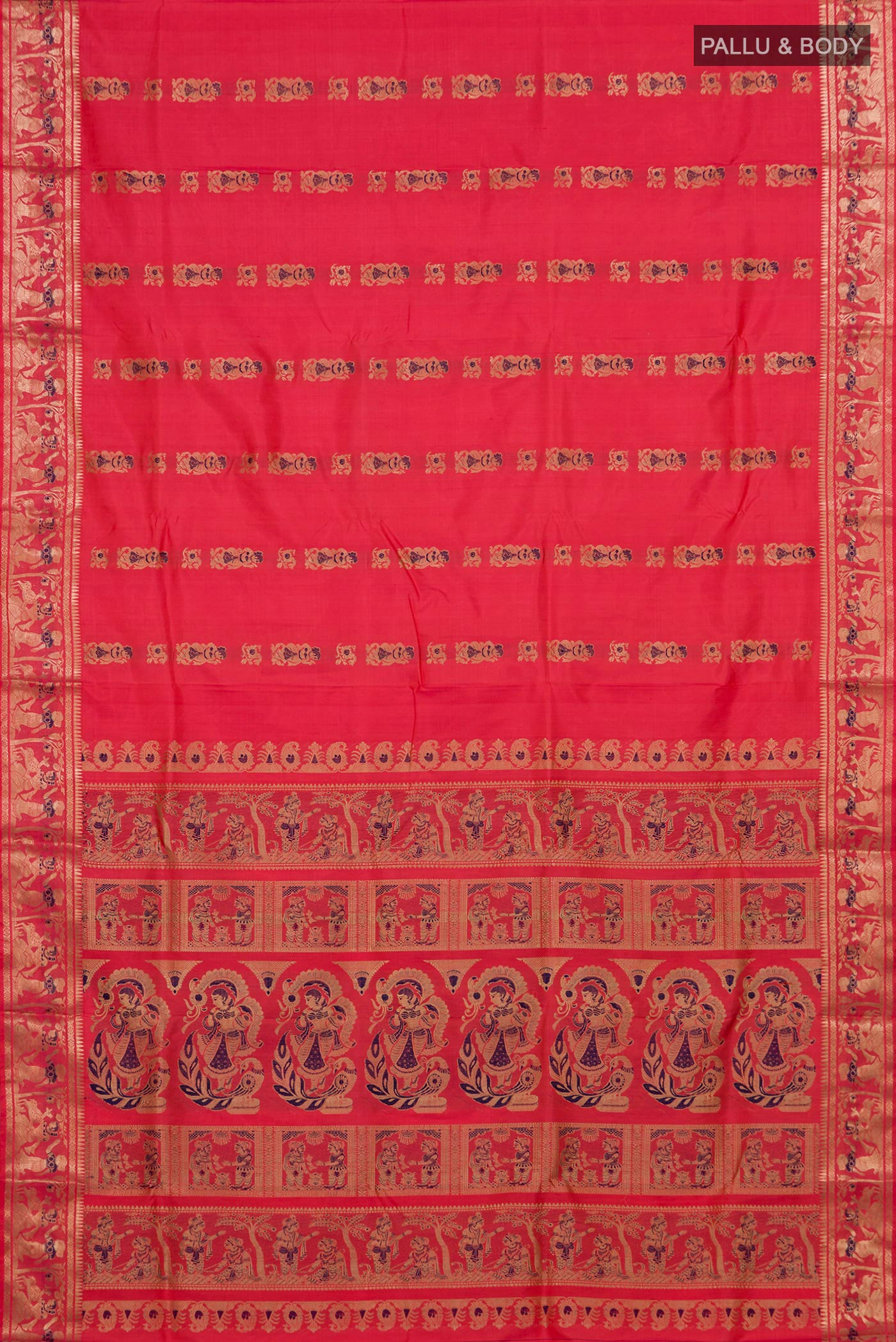 Flat view of Coral Baluchari Silk Saree with Zari And Thread Butta on the body and Zari Border. 