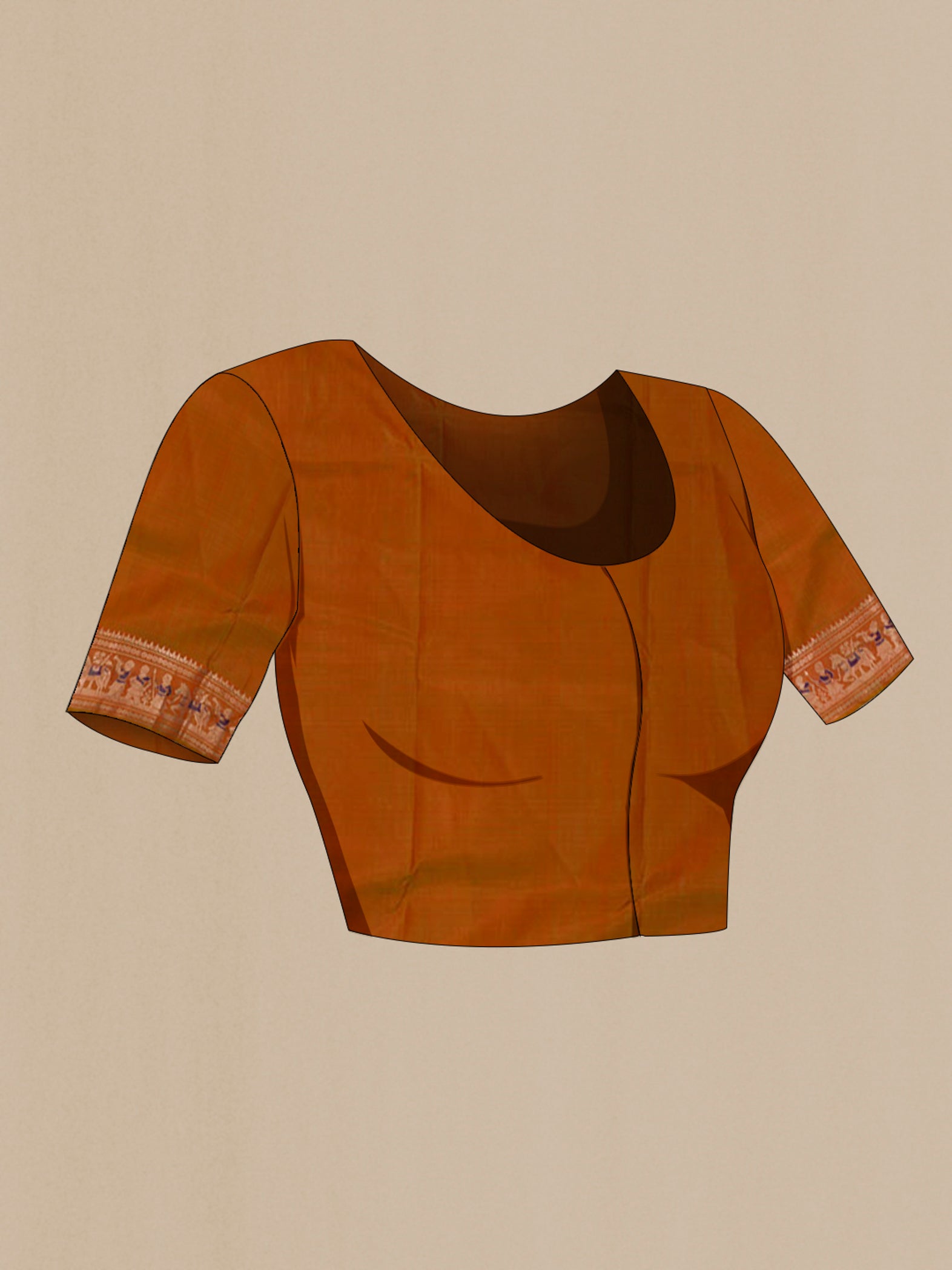 Close up image of the blouse of Brick Orange Baluchari Silk Saree with Zari And Thread Butta on the body and Zari Border. 