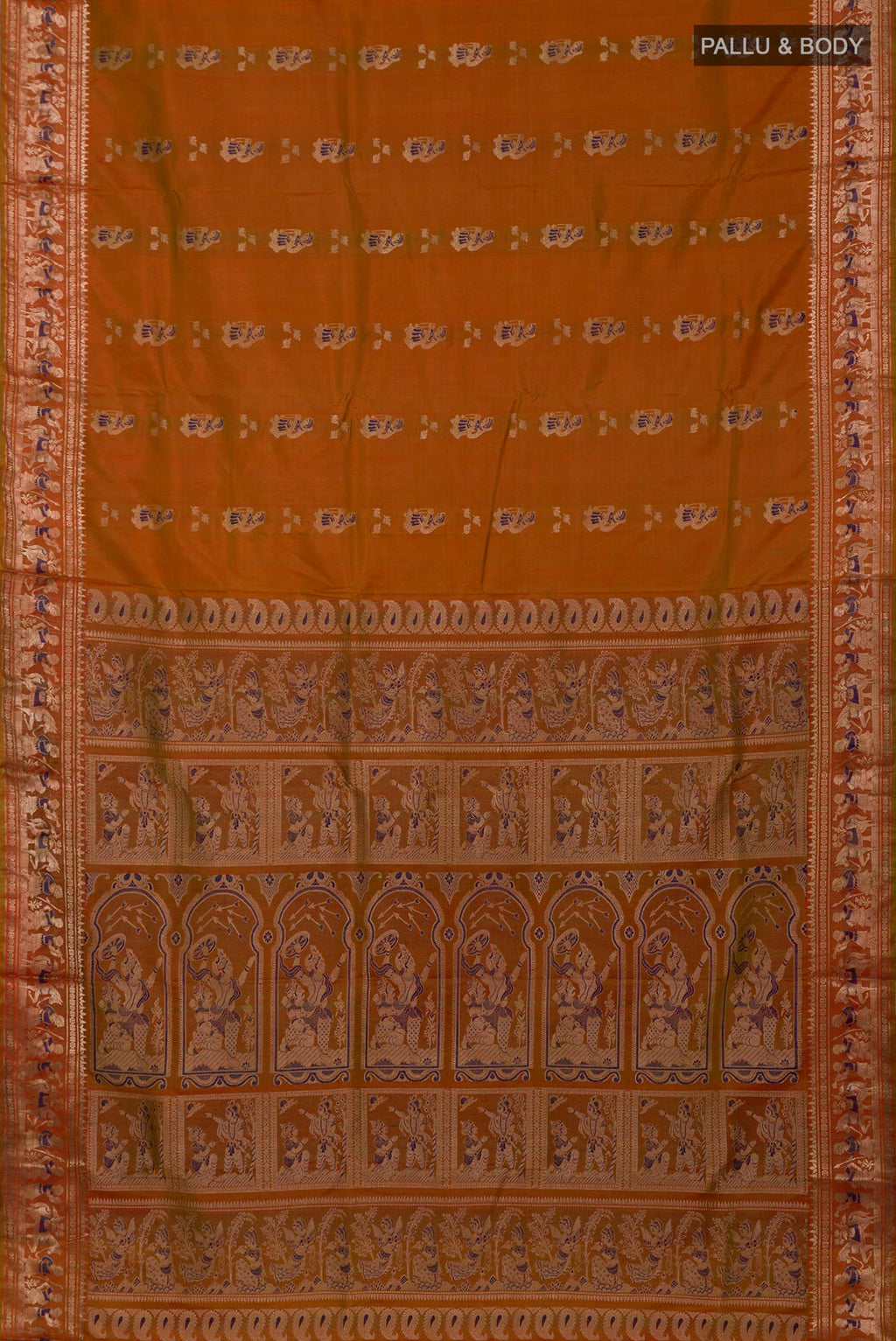Flat view of Brick Orange Baluchari Silk Saree with Zari And Thread Butta on the body and Zari Border. 