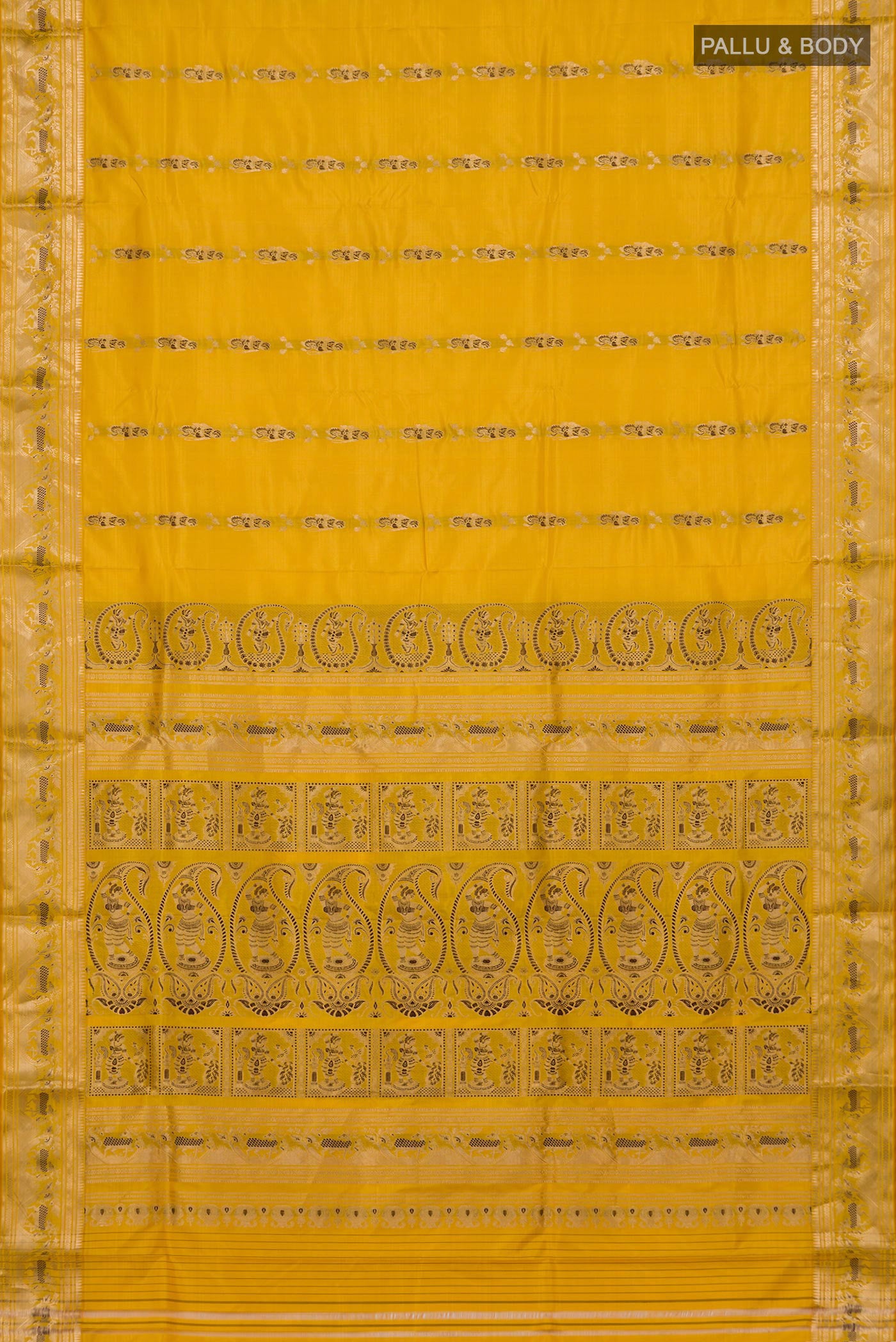 Flat view of Yellow Baluchari Silk Saree with Zari And Thread Butta on the body and Zari Border. 