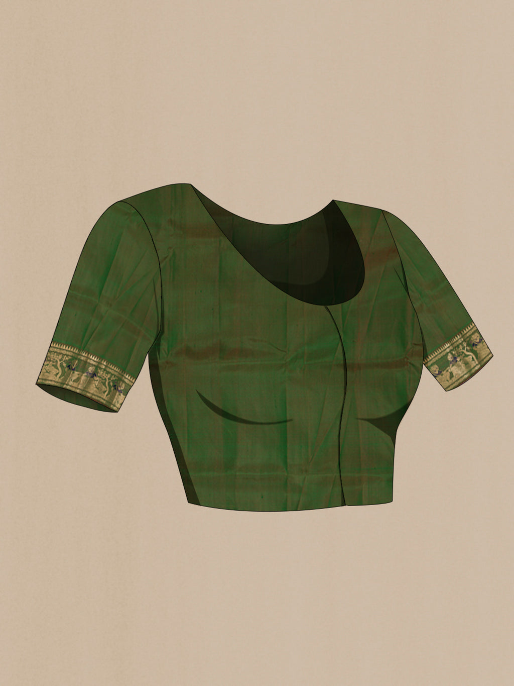 Close up image of the blouse of Green Baluchari Silk Saree with Plain Body and Zari Border. 