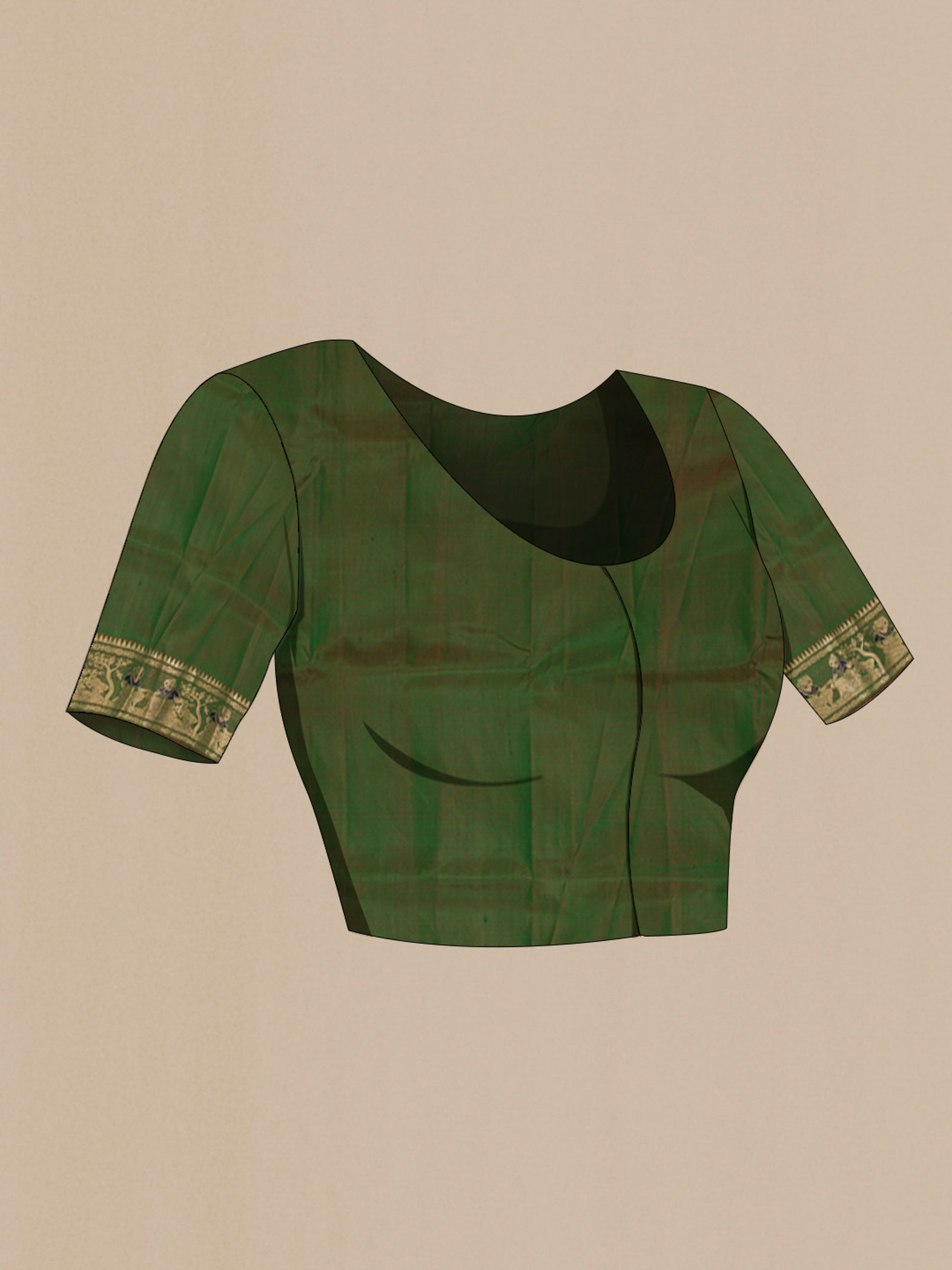 Close up image of the blouse of Green Baluchari Silk Saree with Plain Body and Zari Border. 