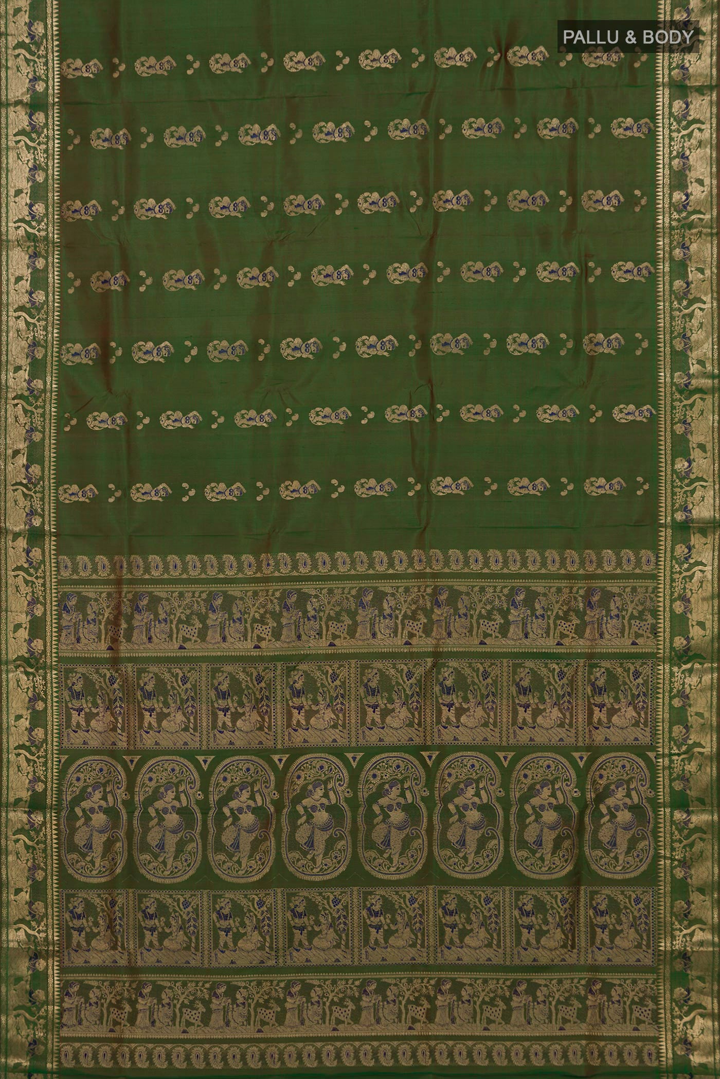 Flat view of Green Baluchari Silk Saree with Plain Body and Zari Border. 