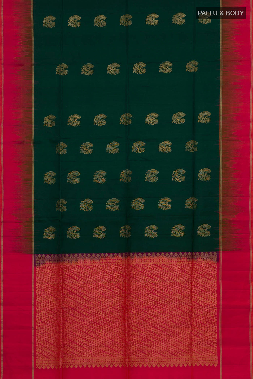 Flat view of Pure Silk Bottle Green Soft Saree with Zari Butta on the body and Plain Border. 
