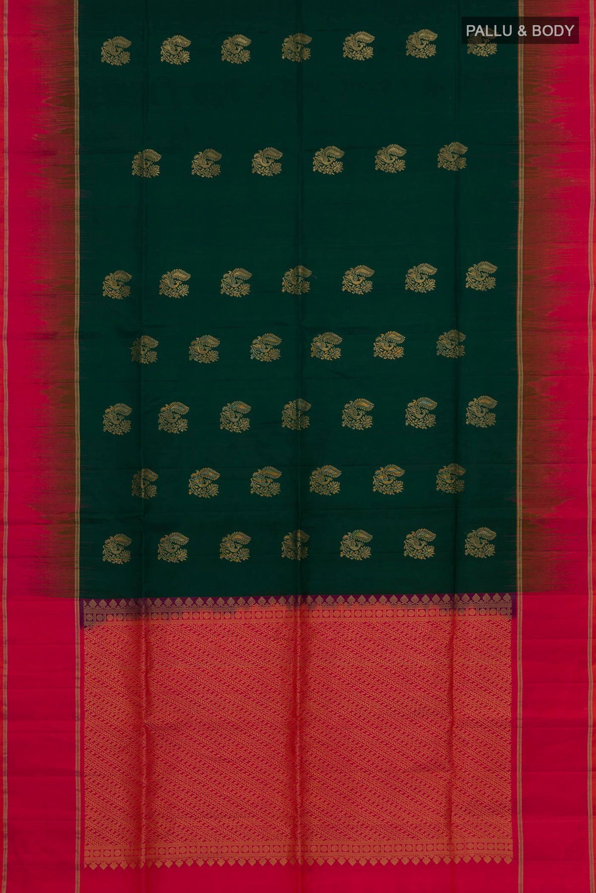 Flat view of Pure Silk Bottle Green Soft Saree with Zari Butta on the body and Plain Border. 