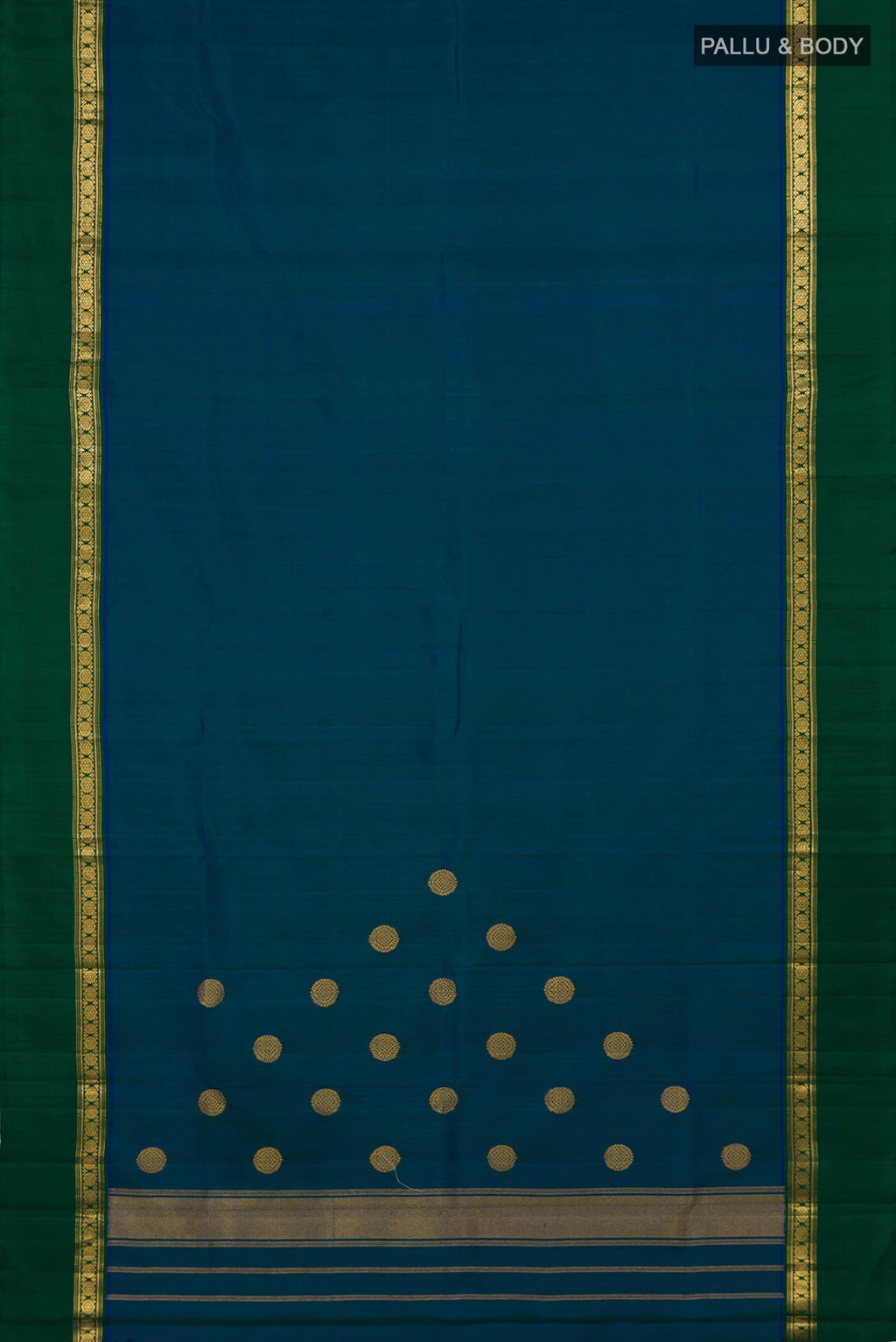 Flat view of Peacock Blue Kanjivaram Silk Saree with Plain Body and Zari Border. 