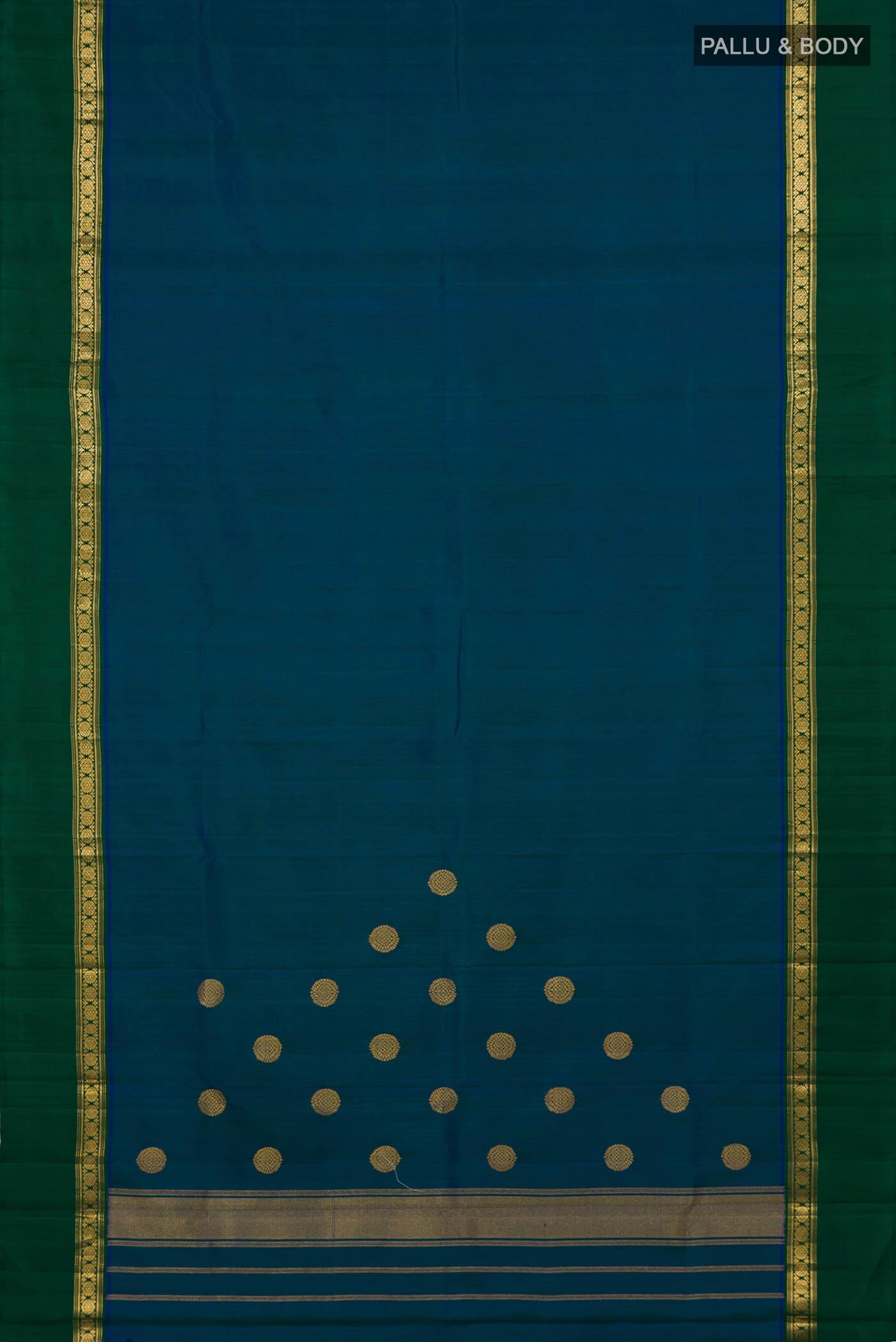 Flat view of Peacock Blue Kanjivaram Silk Saree with Plain Body and Zari Border. 