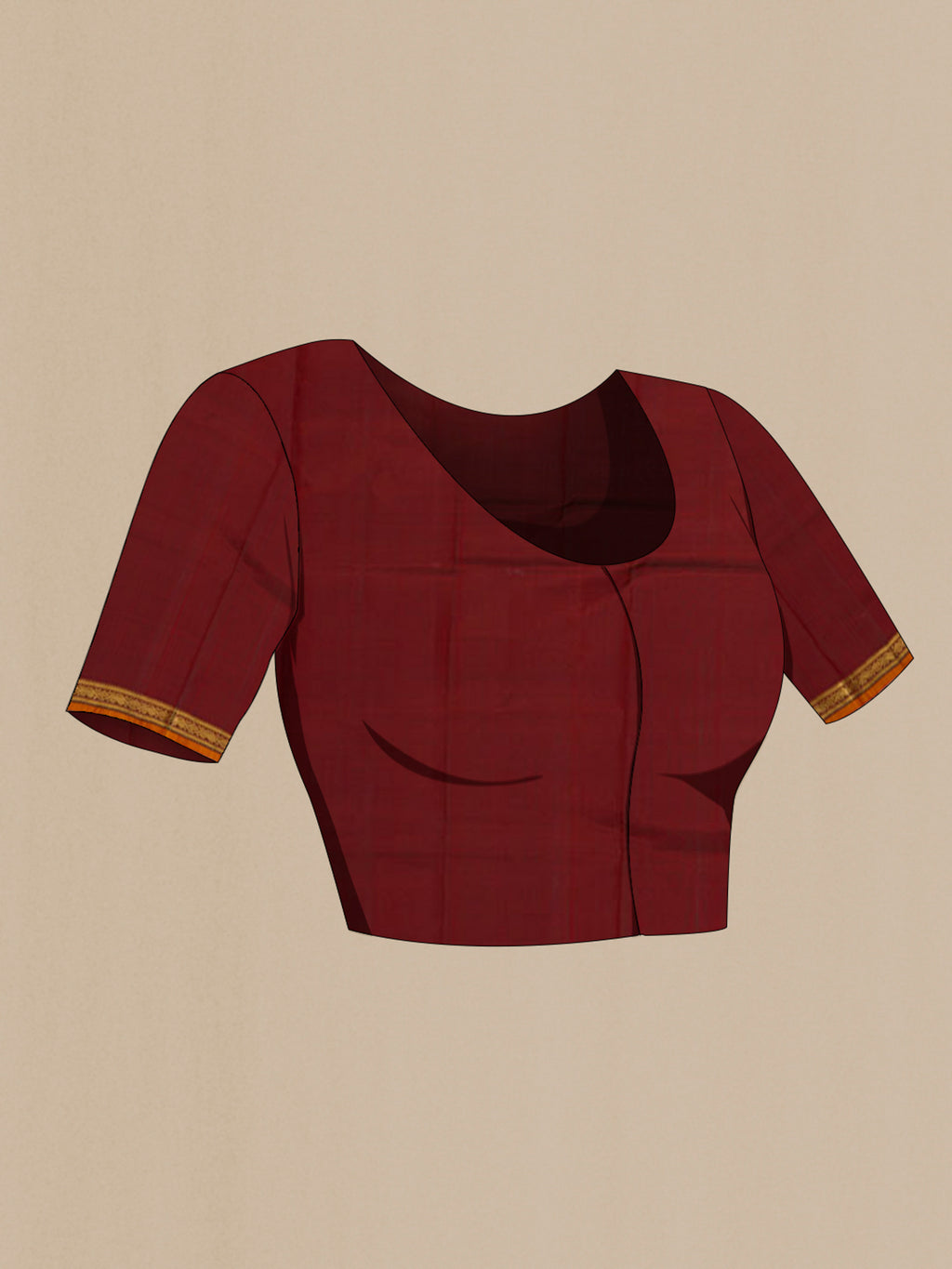 Close up image of the blouse of Maroon Kanchipuram Silk Saree with Zari Butta on the body and Zari Border. 