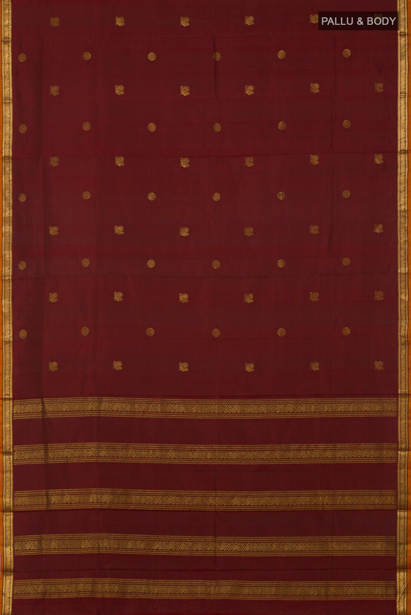Flat view of Maroon Kanchipuram Silk Saree with Zari Butta on the body and Zari Border. 