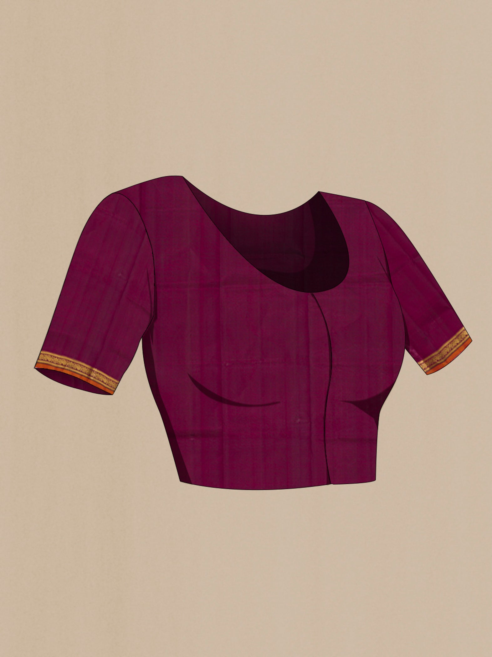 Close up image of the blouse of Pure Silk Pure Zari Purple Kanchipuram Saree with Zari Butta on the body and Zari Border. 