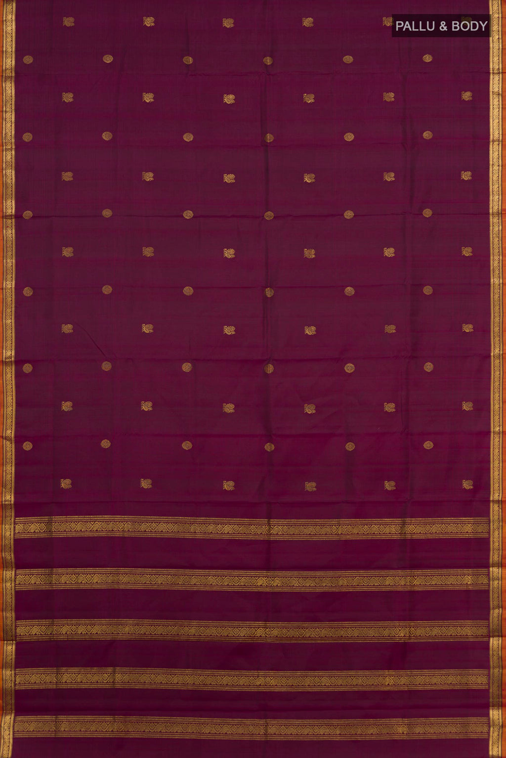 Flat view of Pure Silk Pure Zari Purple Kanchipuram Saree with Zari Butta on the body and Zari Border. 