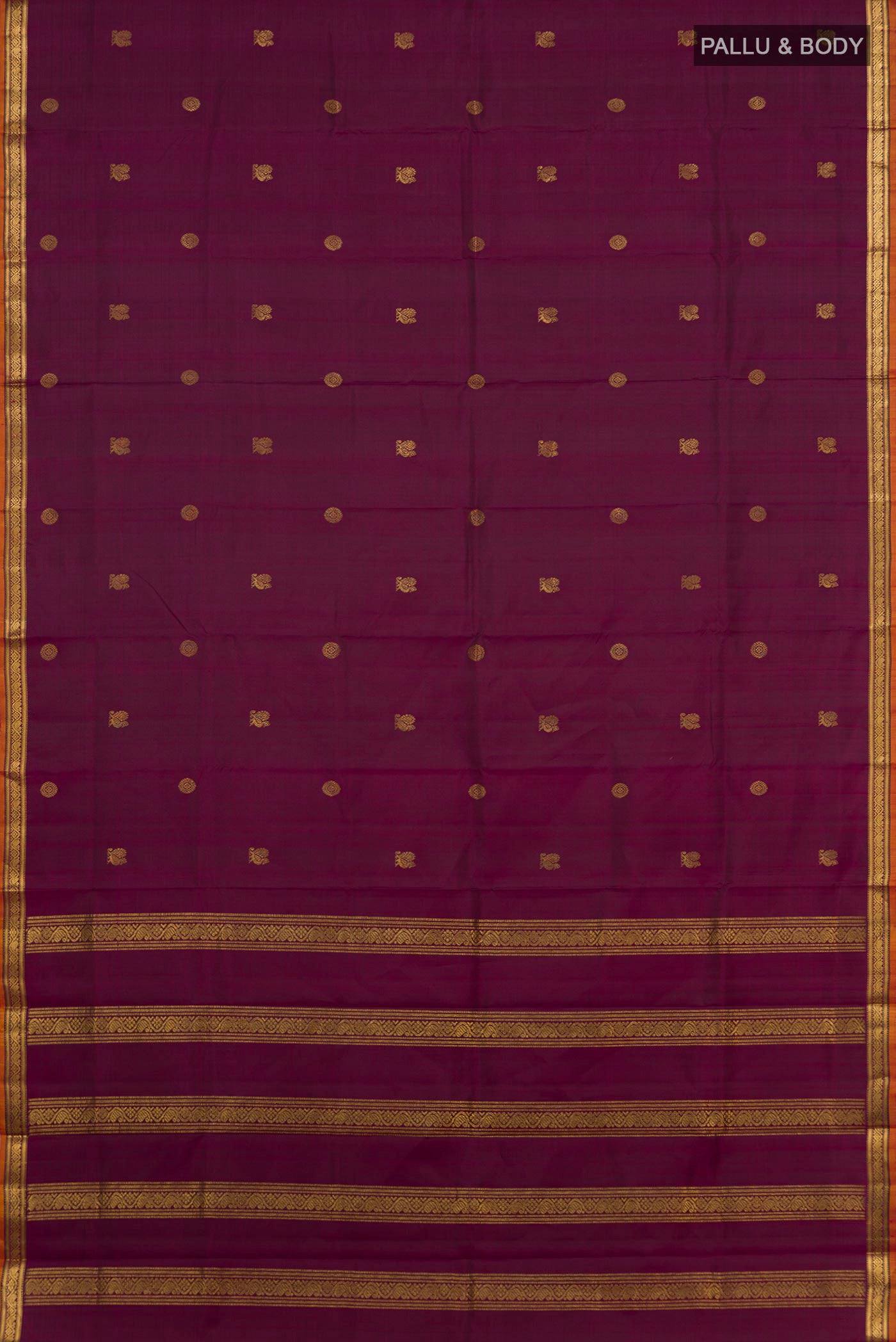 Flat view of Pure Silk Pure Zari Purple Kanchipuram Saree with Zari Butta on the body and Zari Border. 
