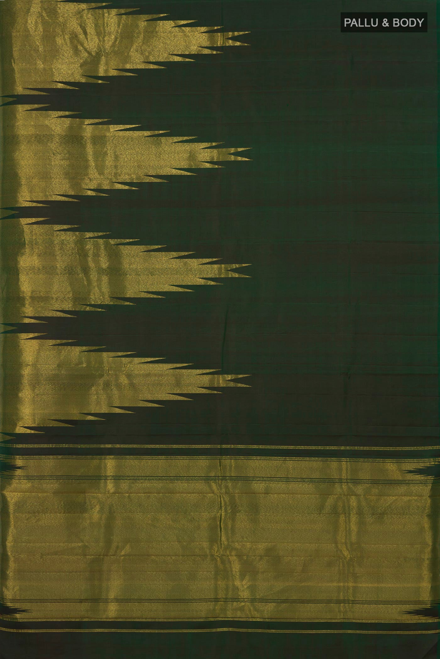 Flat view of Bottle Green Kanjivaram Silk Saree with Plain Body and Rising Temple Border. 