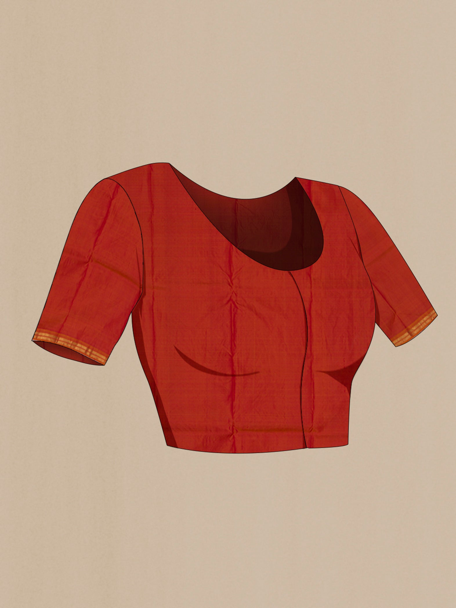 Close up image of the blouse of Brick Orange Dual Tone Kanchipuram Silk Saree with Zari Butta on the body and Thin Zari Line. 