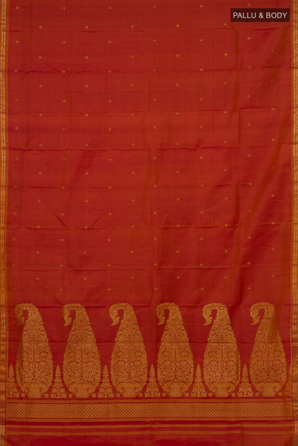 Flat view of Brick Orange Dual Tone Kanchipuram Silk Saree with Zari Butta on the body and Thin Zari Line. 