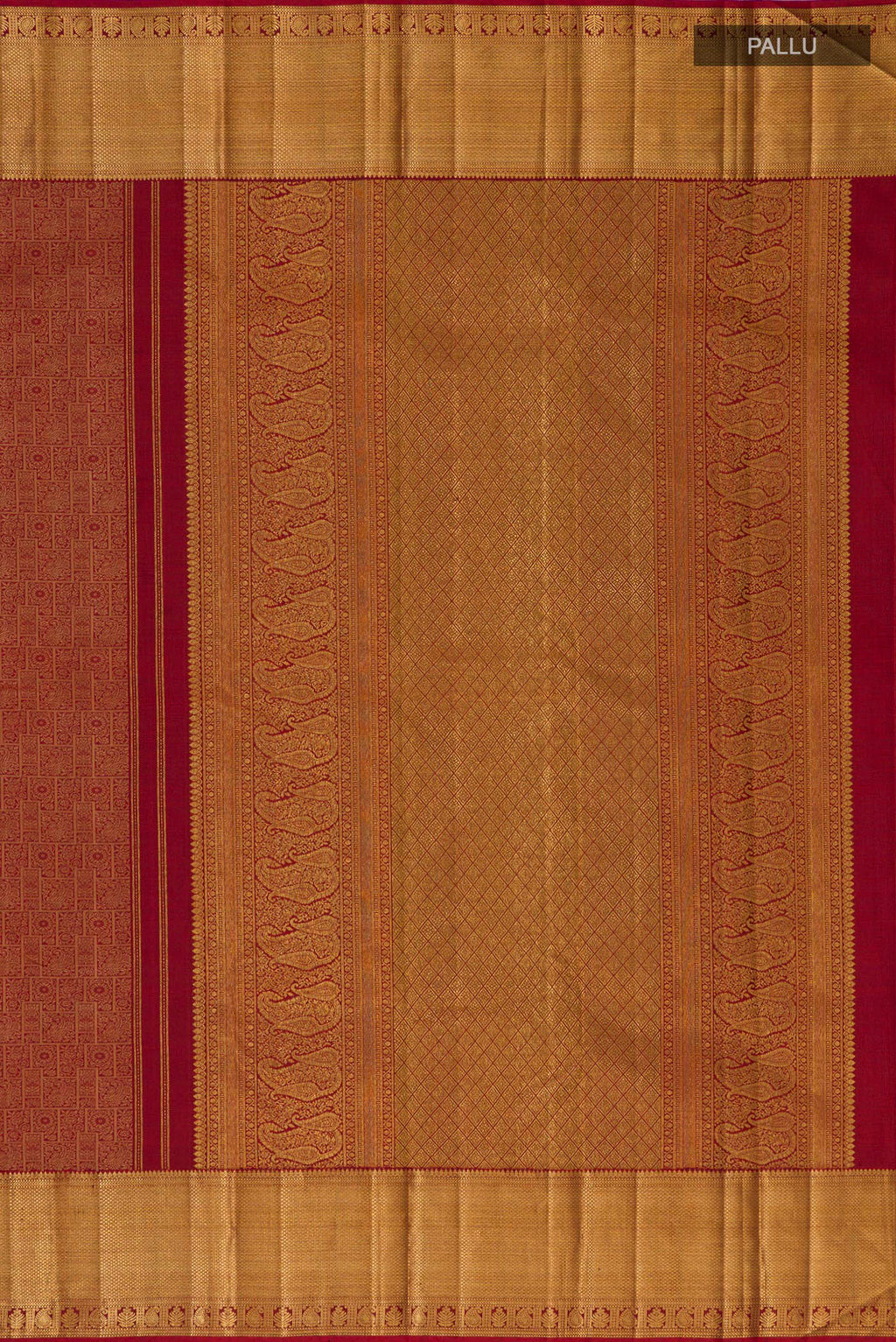 Close up image of the pallu of Maroon Kanjivaram Silk Saree with Zari Brocade on the body and Zari Border. 