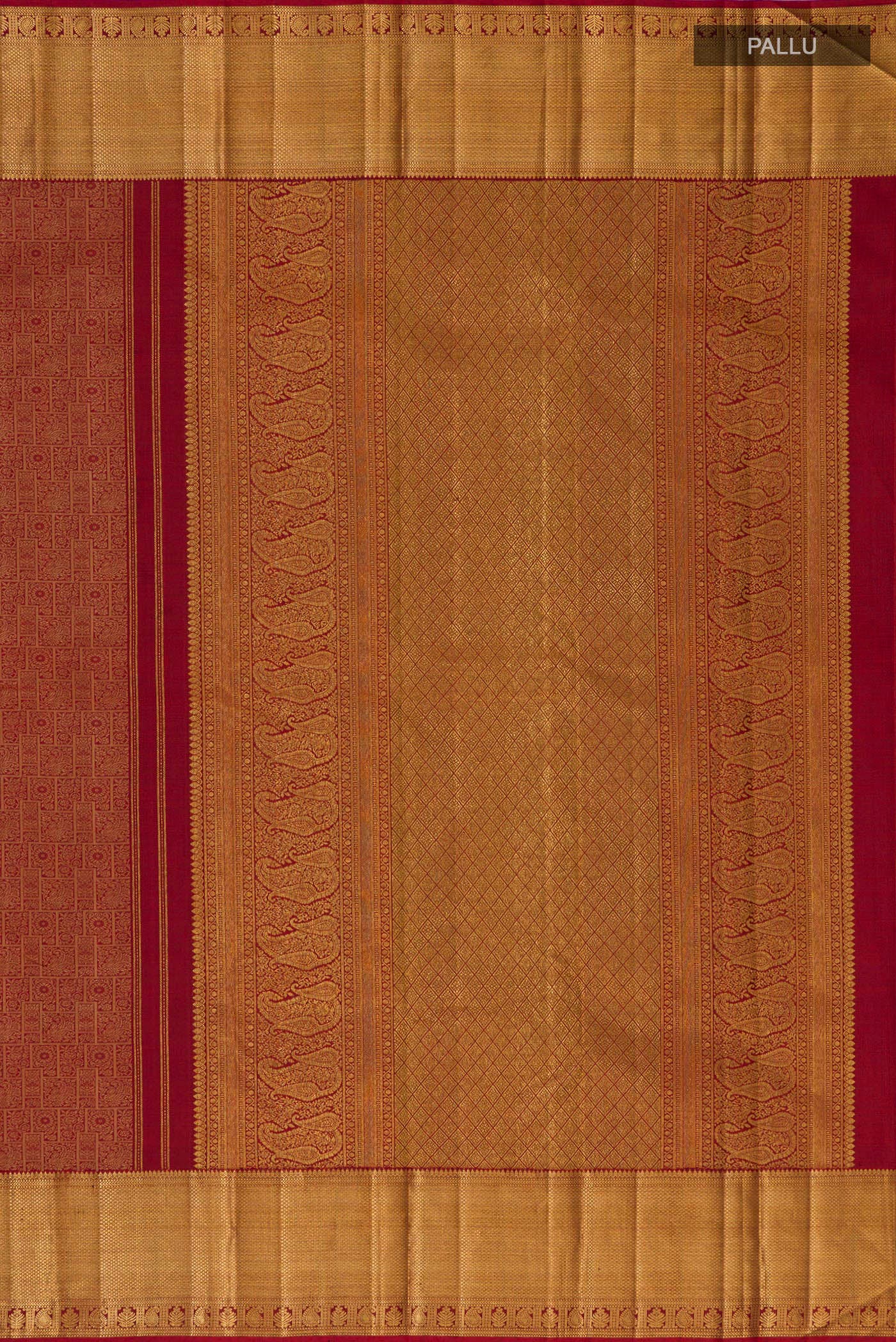 Close up image of the pallu of Maroon Kanjivaram Silk Saree with Zari Brocade on the body and Zari Border. 