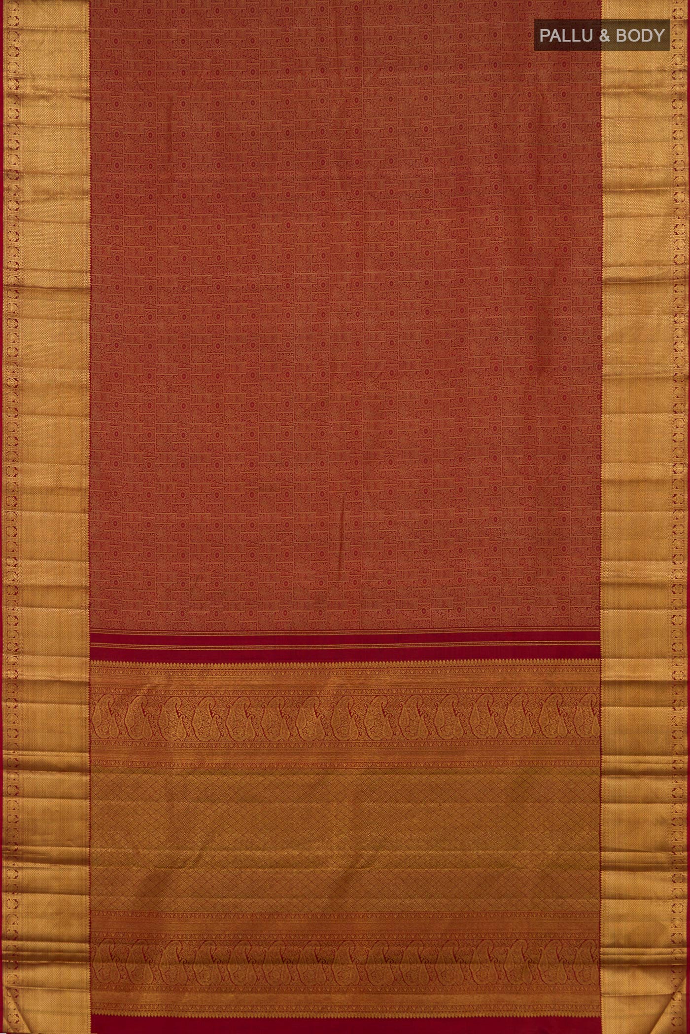 Flat view of Maroon Kanjivaram Silk Saree with Zari Brocade on the body and Zari Border. 