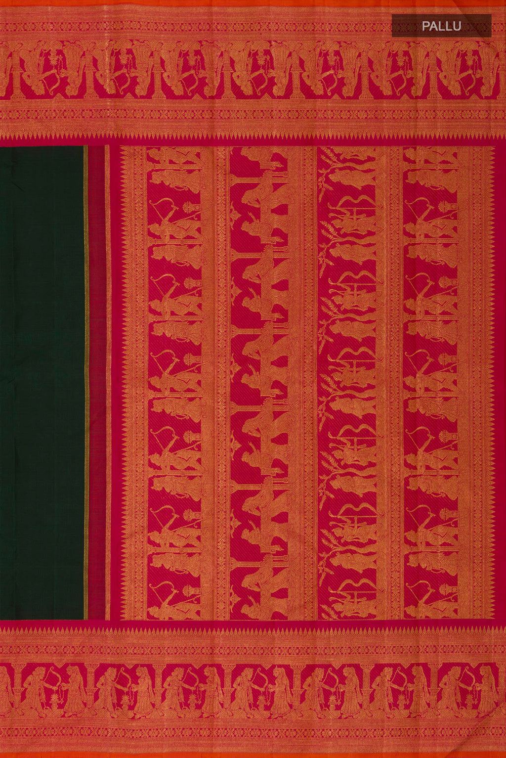 Close up image of the pallu of Pure Silk Pure Zari Green Kanchipuram Saree with Plain Body and Fancy Border. 
