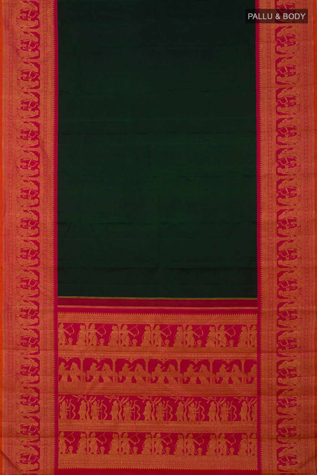 Flat view of Pure Silk Pure Zari Green Kanchipuram Saree with Plain Body and Fancy Border. 