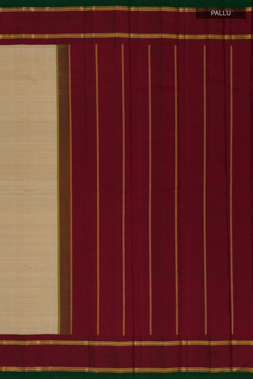 Close up image of the pallu of Pure Silk Pure Zari Cream Kanjivaram Saree with Plain Body and Zari Border. 
