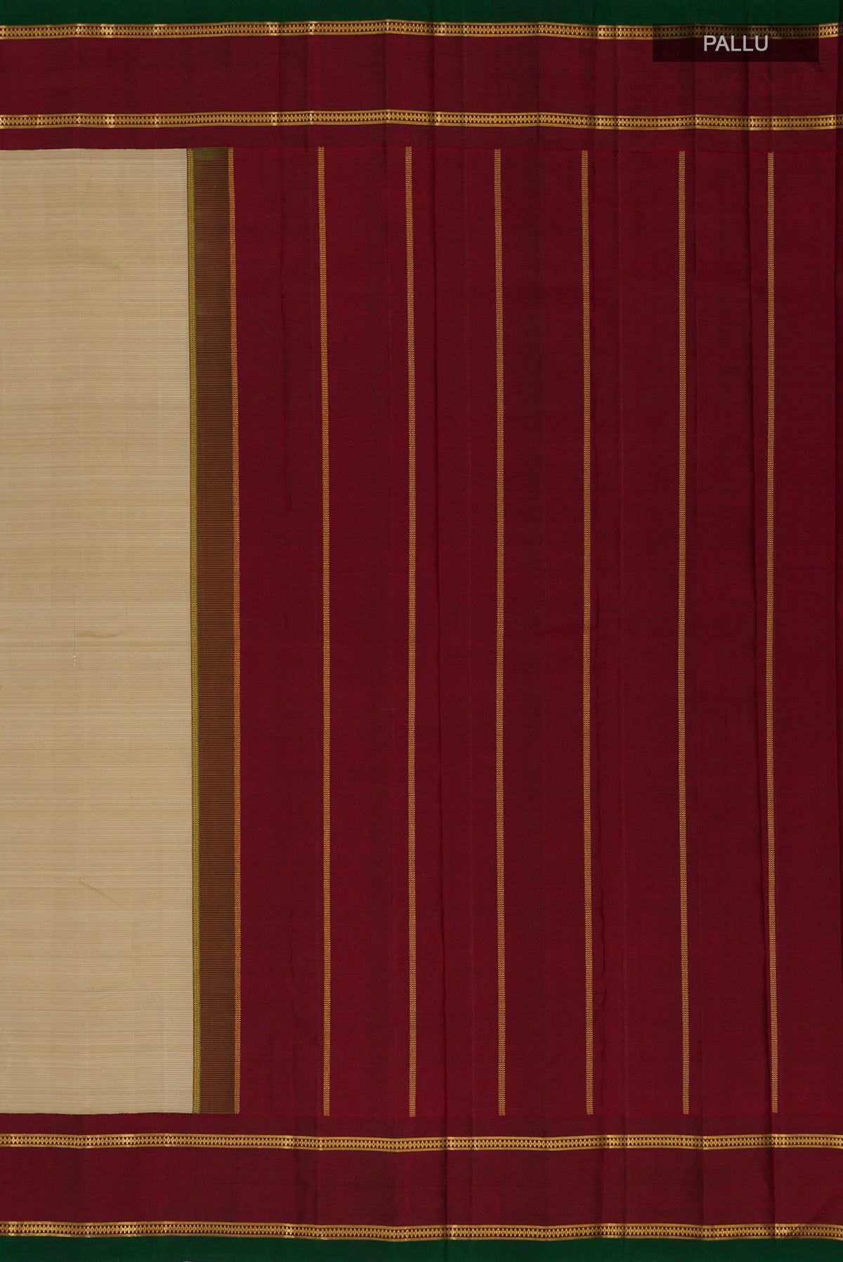 Close up image of the pallu of Pure Silk Pure Zari Cream Kanjivaram Saree with Plain Body and Zari Border. 
