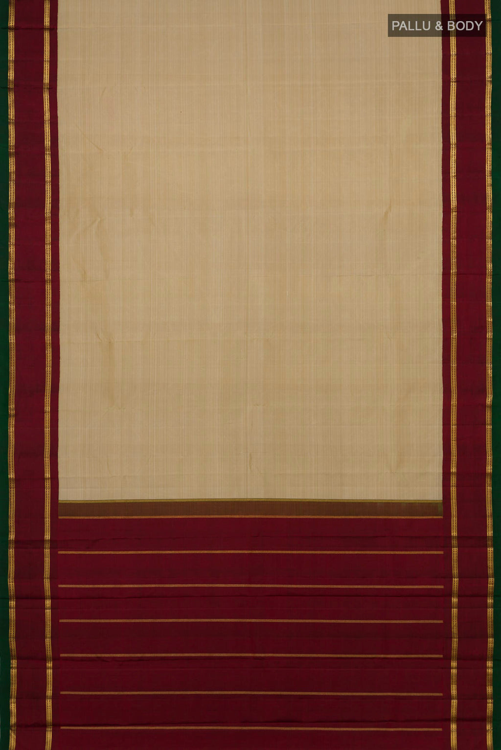 Flat view of Pure Silk Pure Zari Cream Kanjivaram Saree with Plain Body and Zari Border. 