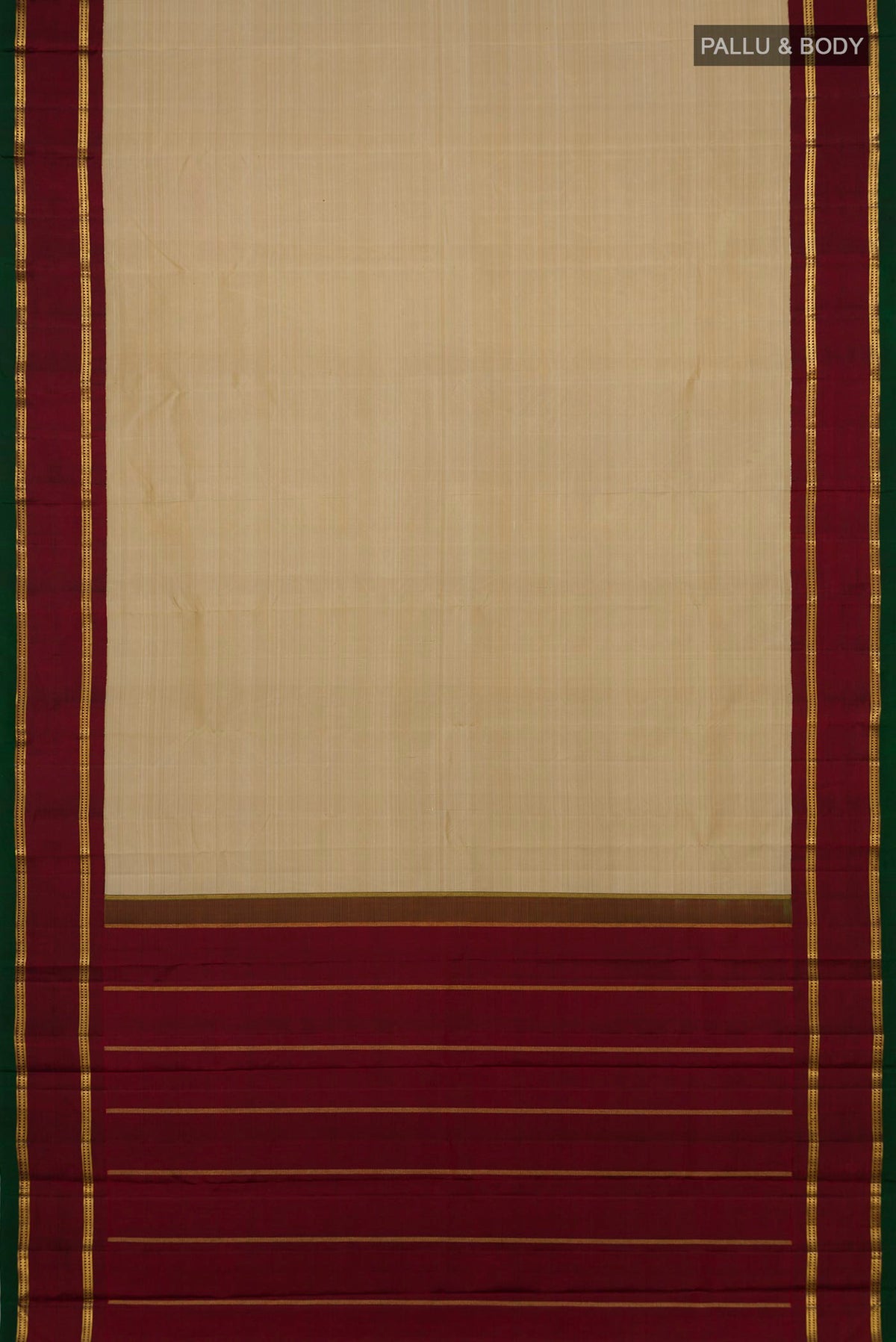 Flat view of Pure Silk Pure Zari Cream Kanjivaram Saree with Plain Body and Zari Border. 
