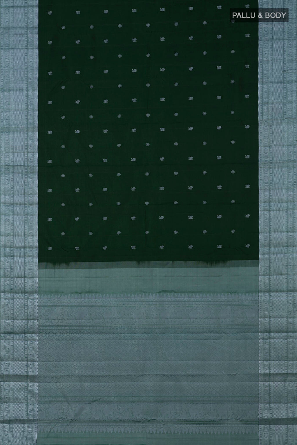 Flat view of Bottle Green Kanchipuram Silk Saree with Thread Butta on the body and Thread Border. 