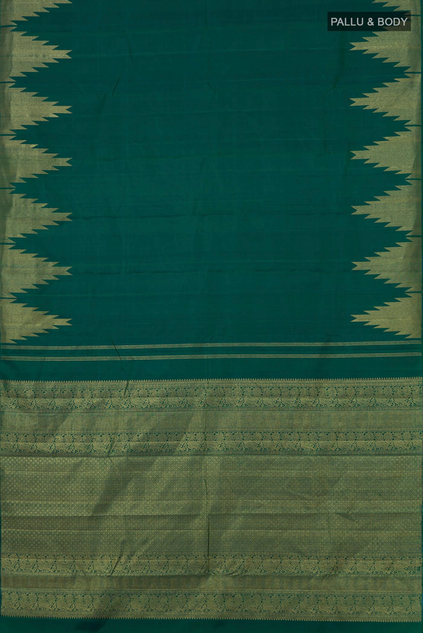 Flat view of Green Kanchipuram Saree with Plain Body and Temple Border. 