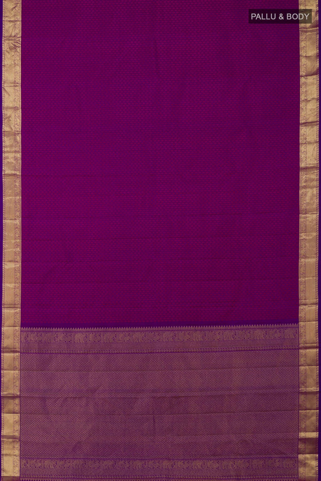 Flat view of Purple Kanjivaram Silk Saree with Jacquard design on the body and Zari Border. 