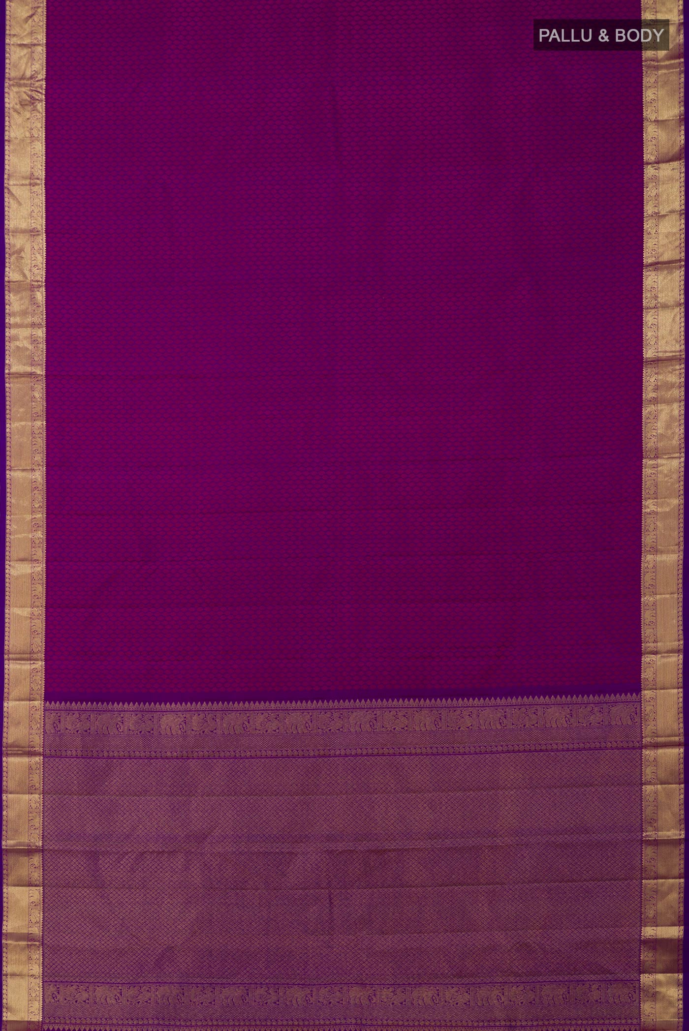 Flat view of Purple Kanjivaram Silk Saree with Jacquard design on the body and Zari Border. 