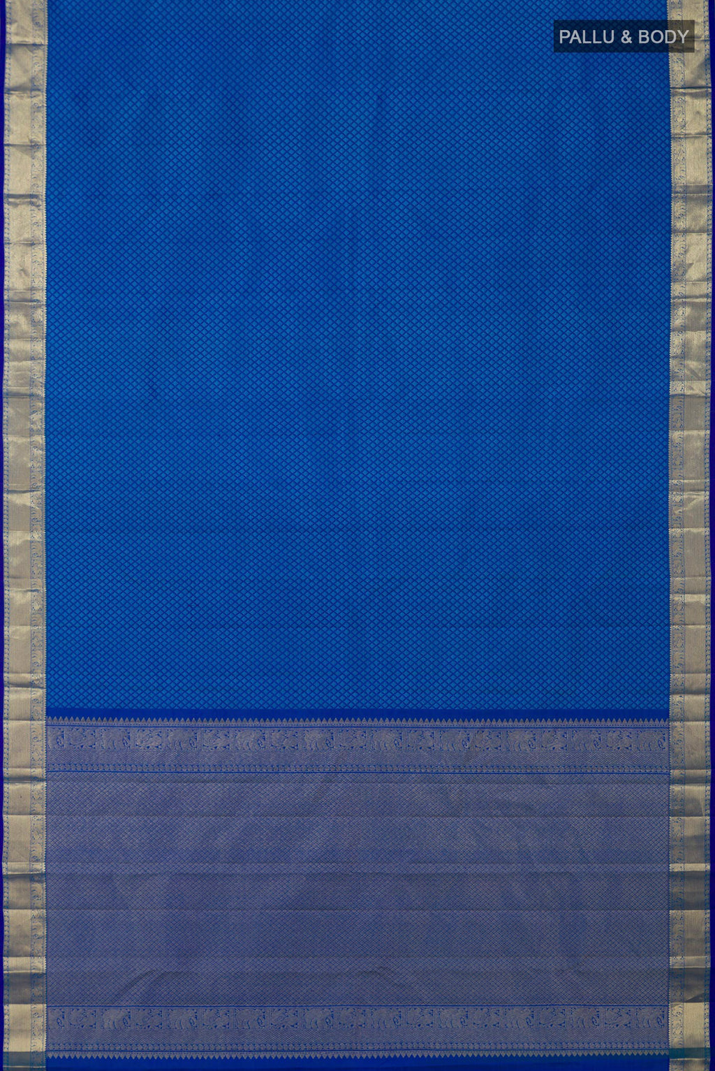 Flat view of Royal Blue Kanjivaram Silk Saree with Jacquard design on the body and Zari Border. 