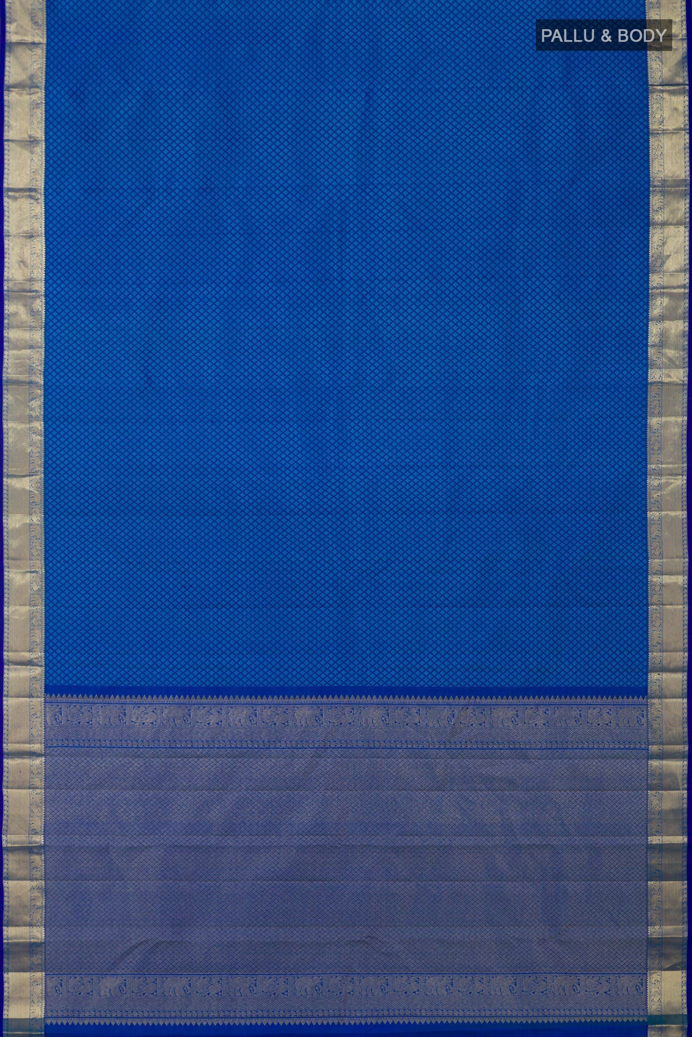 Flat view of Royal Blue Kanjivaram Silk Saree with Jacquard design on the body and Zari Border. 