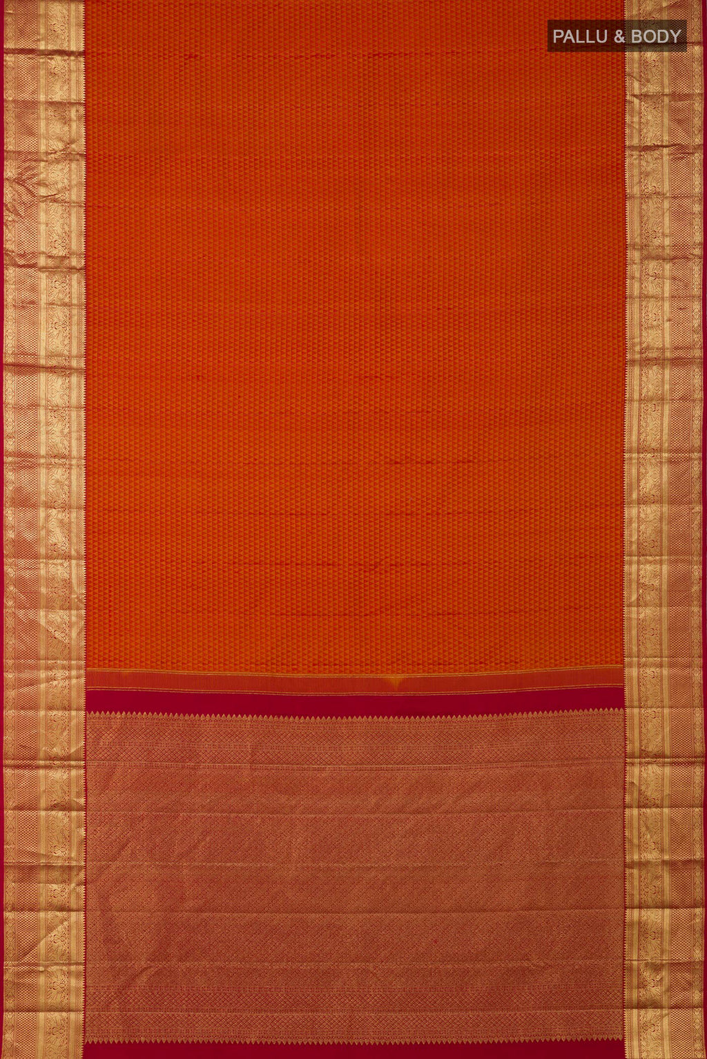 Flat view of Orange Kanjivaram Silk Saree with Jacquard design on the body and Zari Border. 