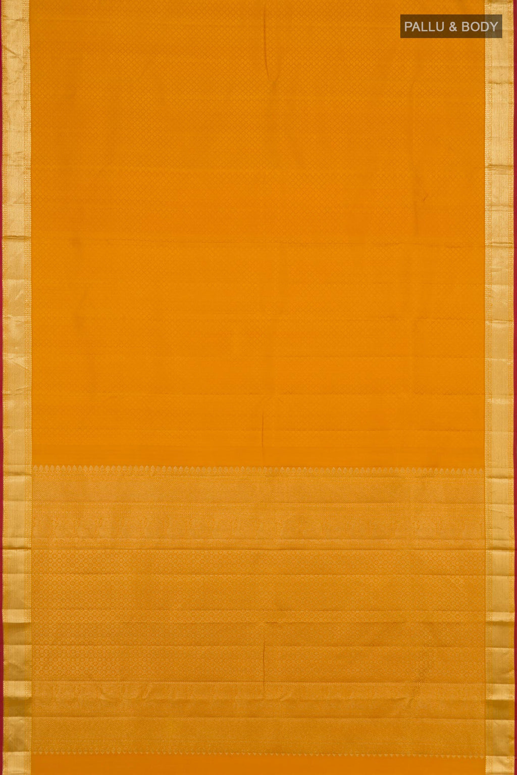 Flat view of Yellow Kanjivaram Silk Saree with Jacquard design on the body and Zari Border. 