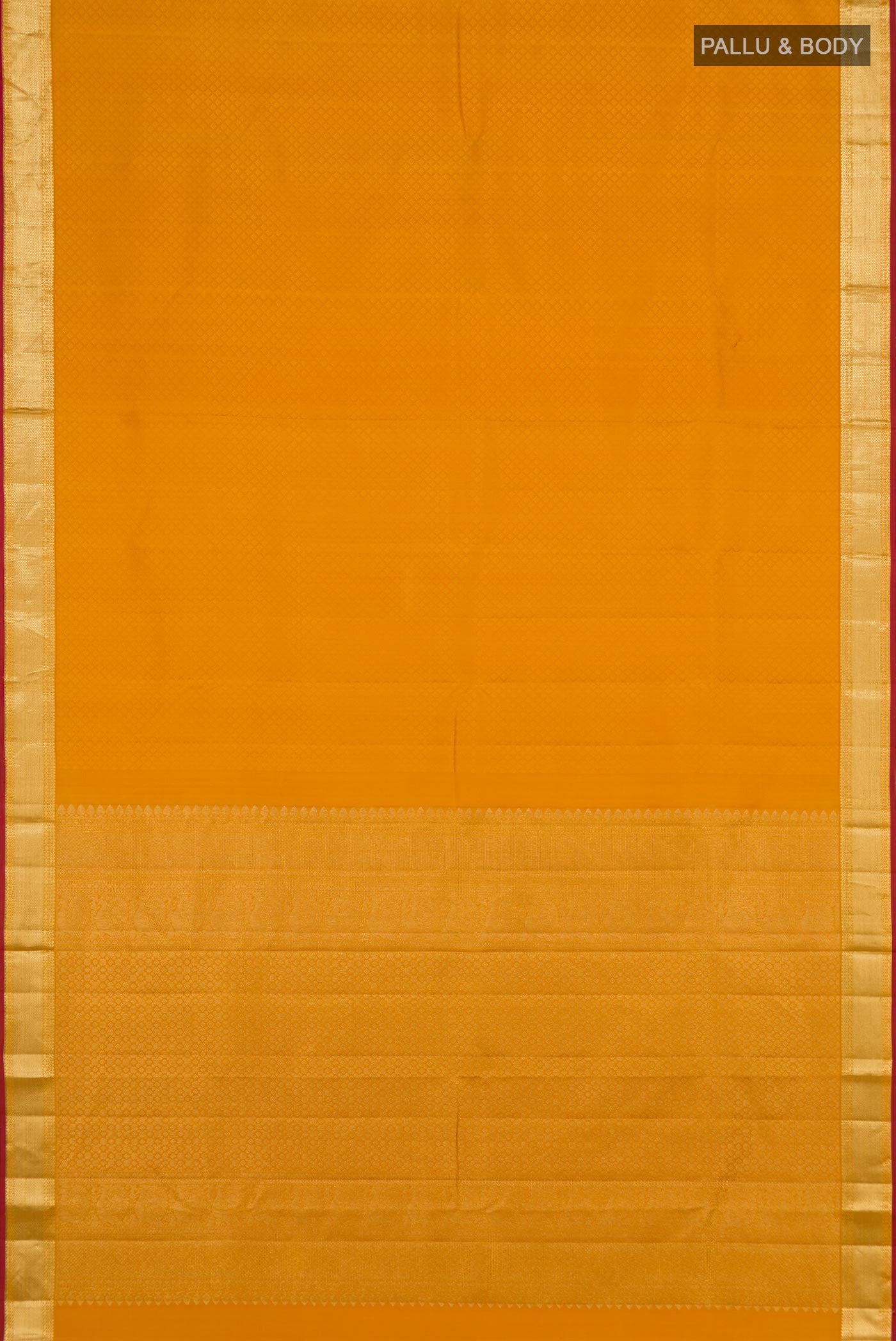 Flat view of Yellow Kanjivaram Silk Saree with Jacquard design on the body and Zari Border. 