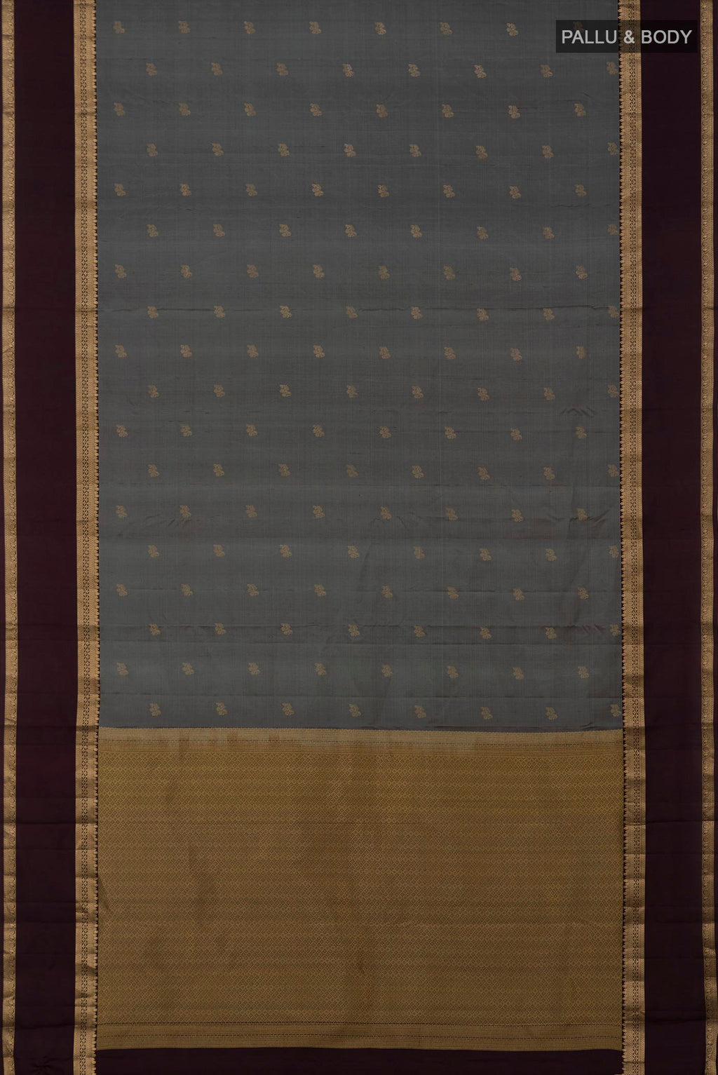 Flat view of Grey Kanchipuram Silk Saree with Zari Butta on the body and Zari Border. 