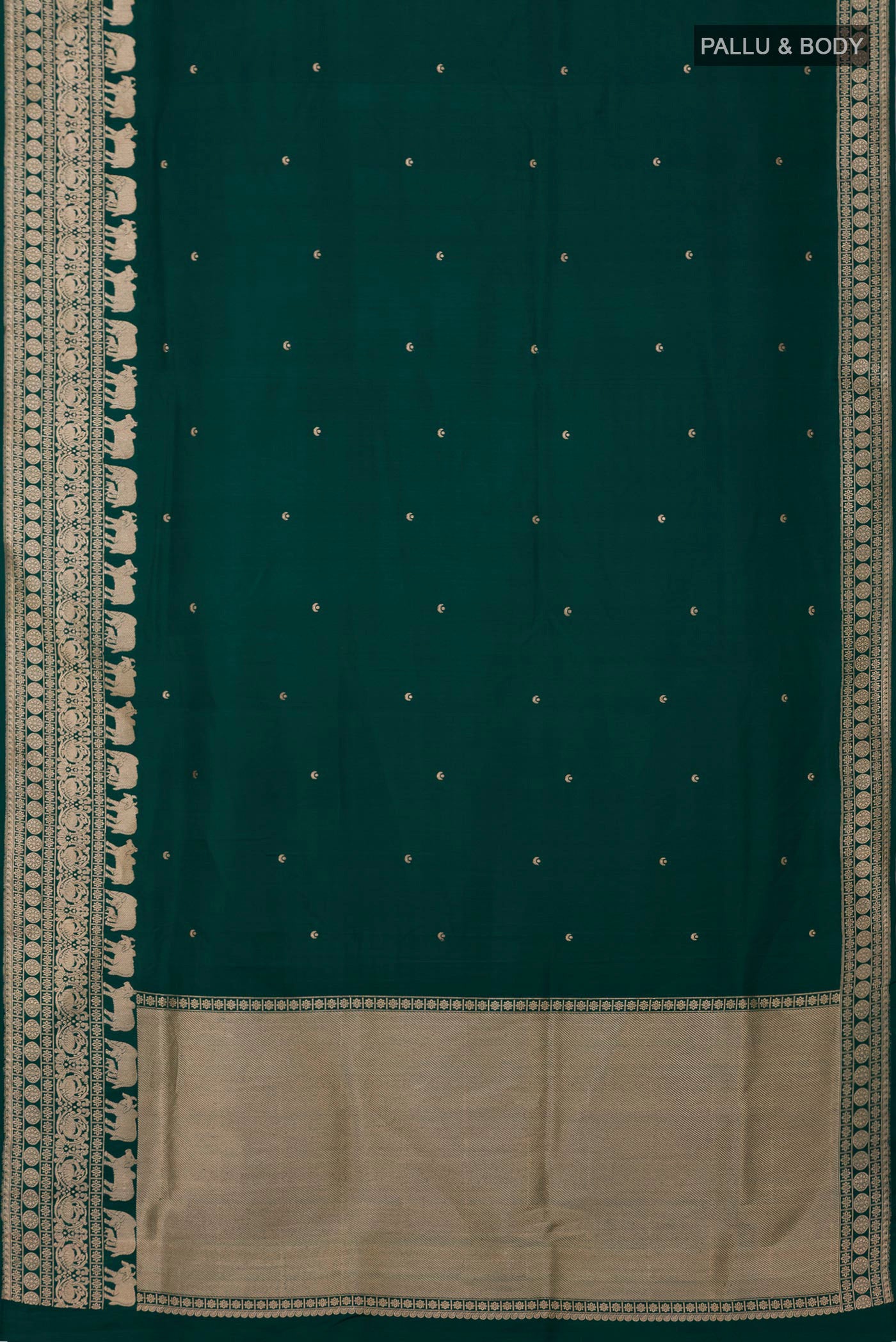 Flat view of Green Banarasi Saree with Zari Butta on the body and Fancy Border. 