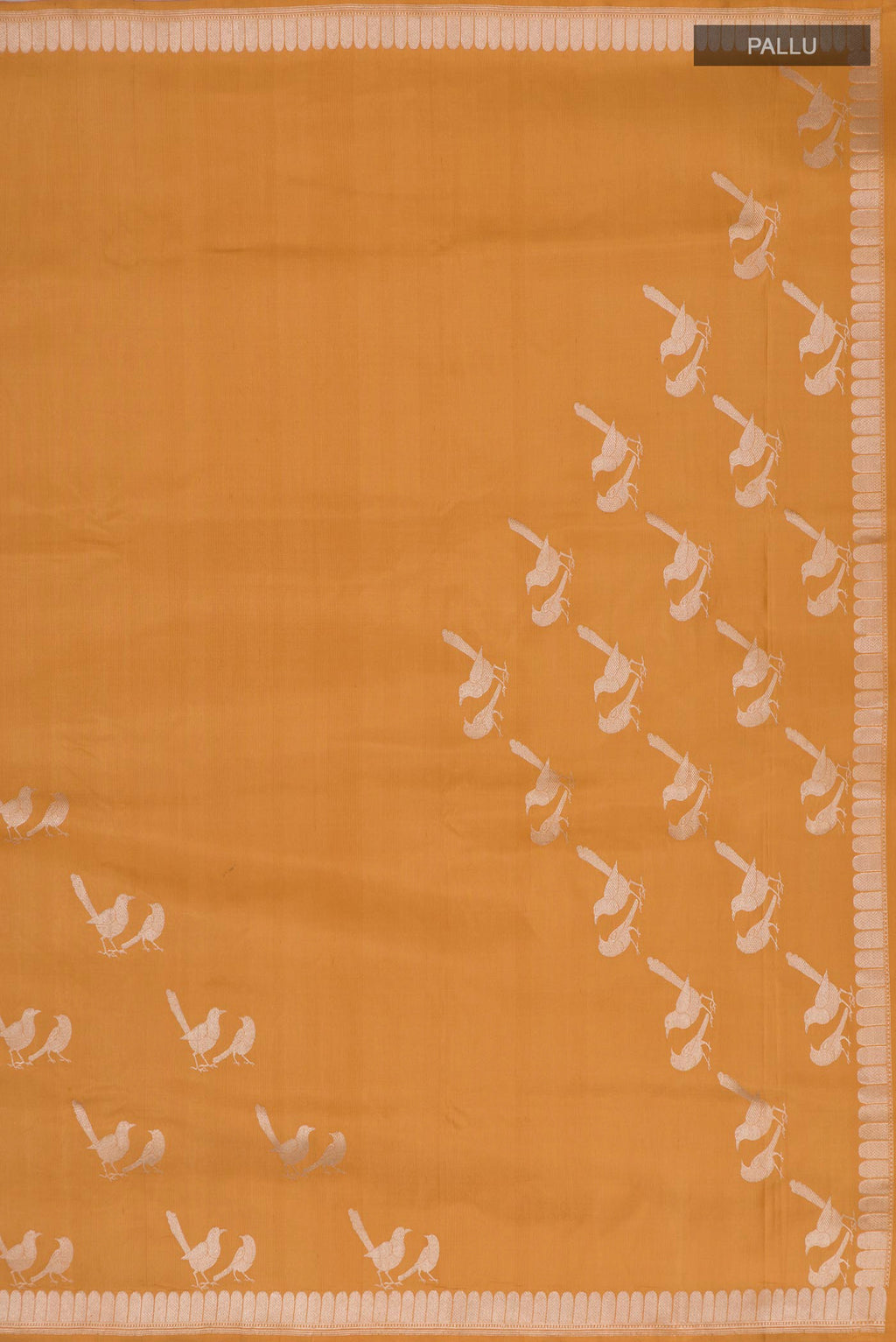 Close up image of the pallu of Caramel Banarasi Silk Saree with Plain Body and Zari Border. 