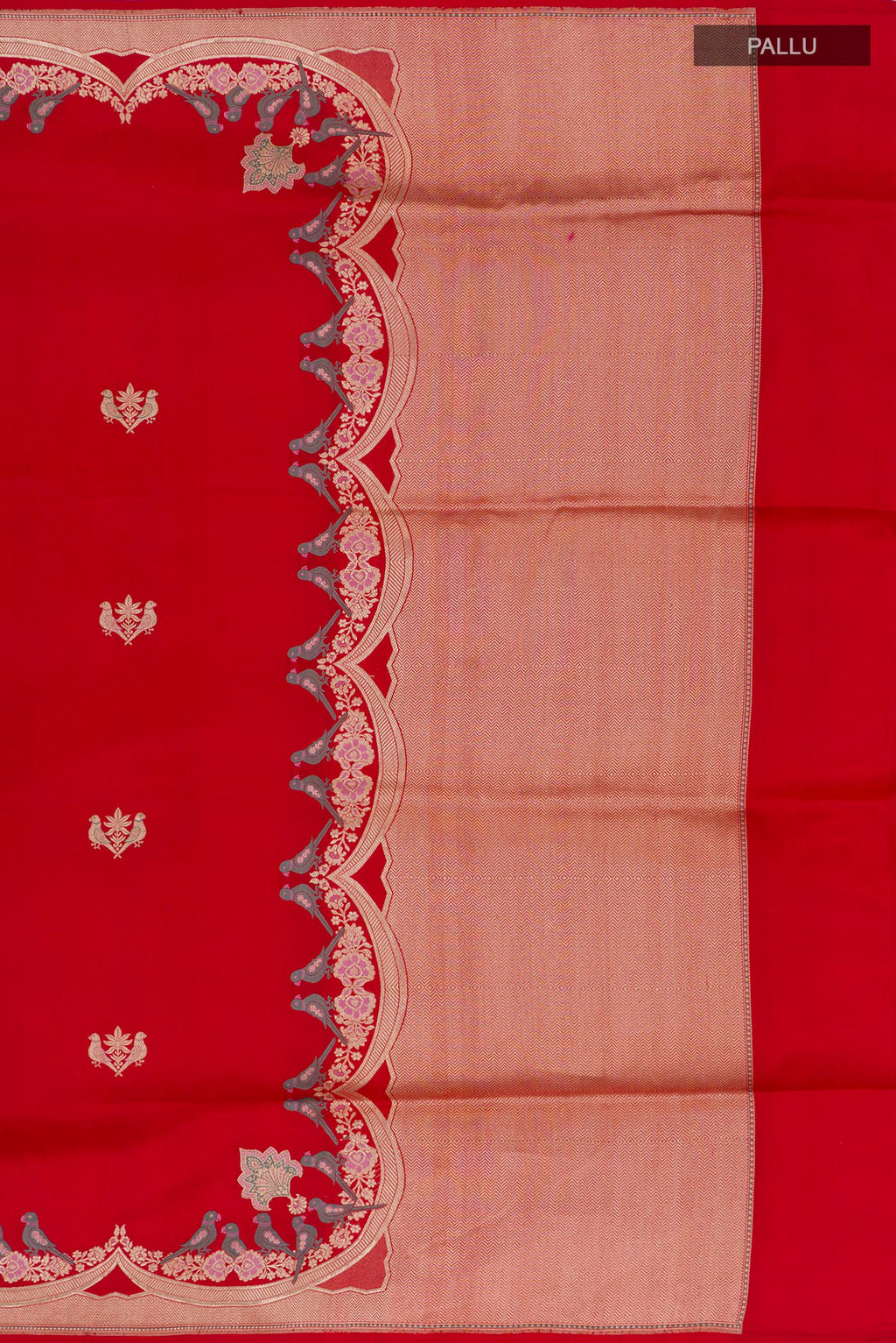 Close up image of the pallu of Pure Silk Red Banarasi Saree with Zari Butta on the body and Fancy Border. 