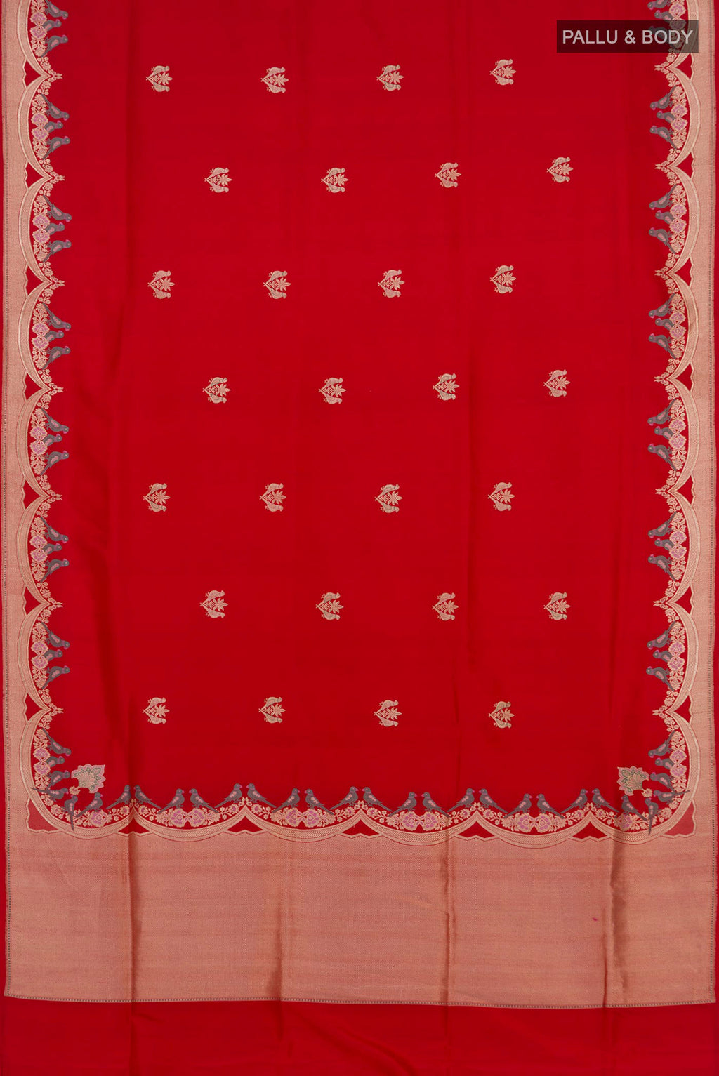 Flat view of Pure Silk Red Banarasi Saree with Zari Butta on the body and Fancy Border. 
