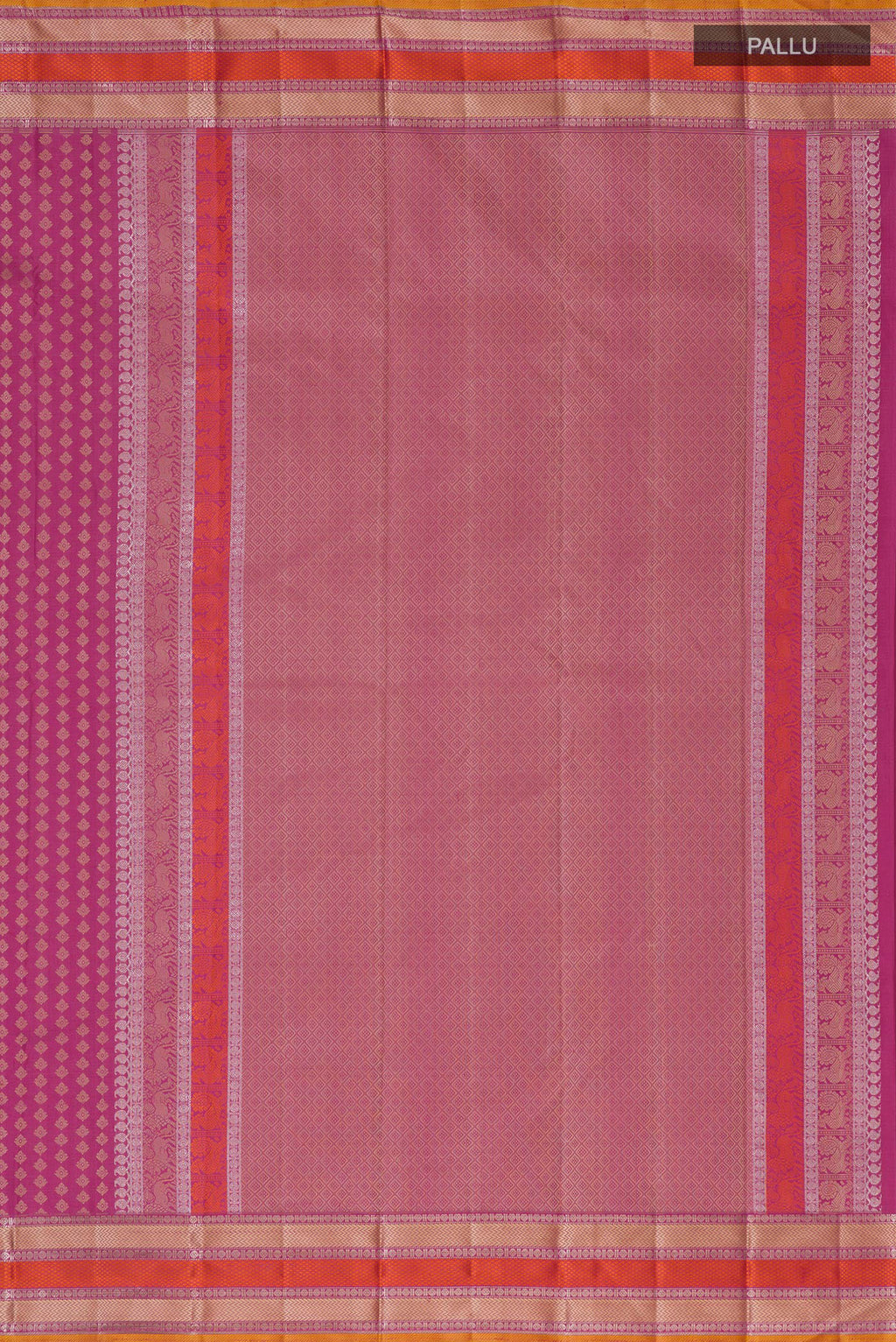 Close up image of the pallu of Pink Kanchipuram Silk Saree with Thread Butta on the body and Thread Border. 