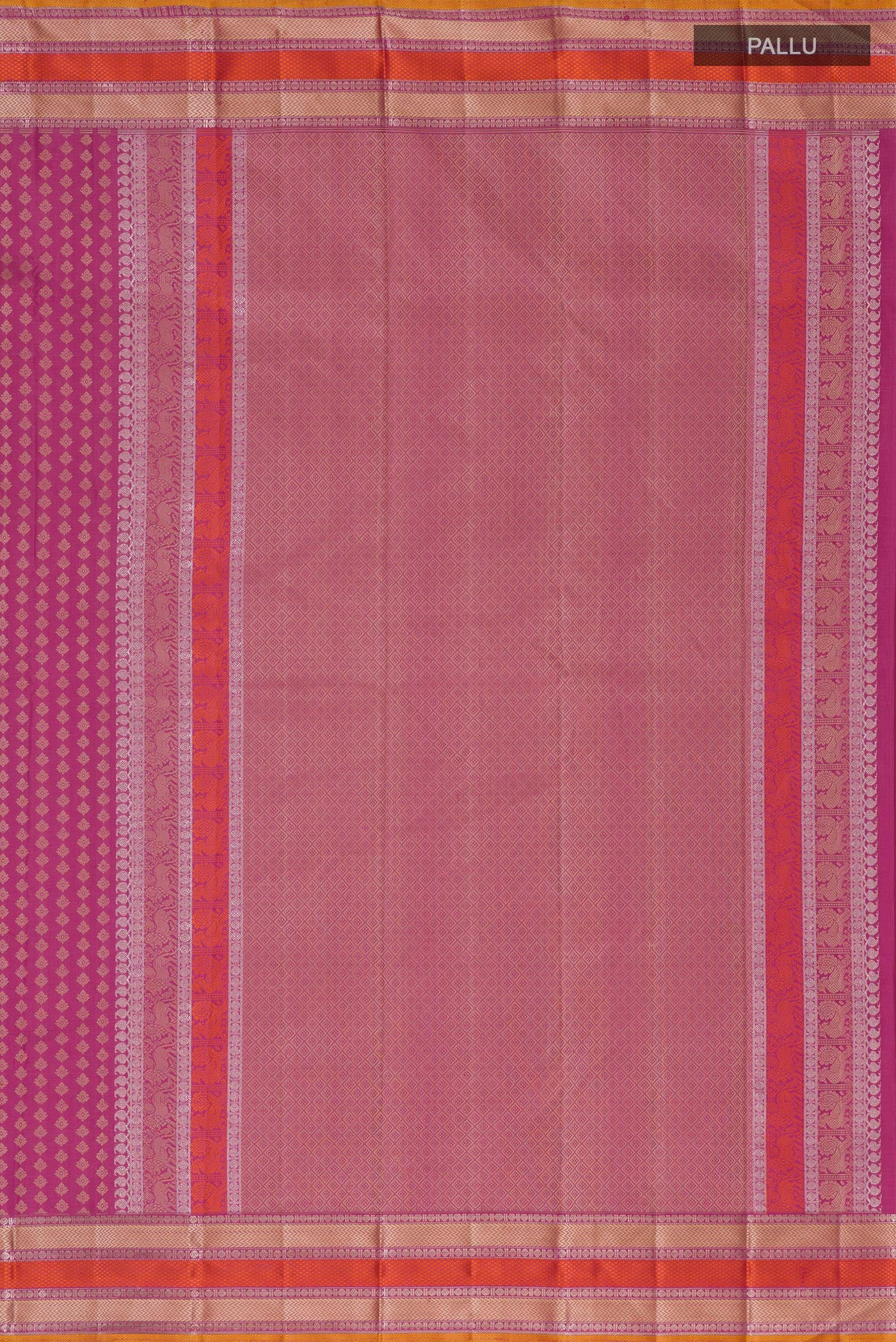 Close up image of the pallu of Pink Kanchipuram Silk Saree with Thread Butta on the body and Thread Border. 