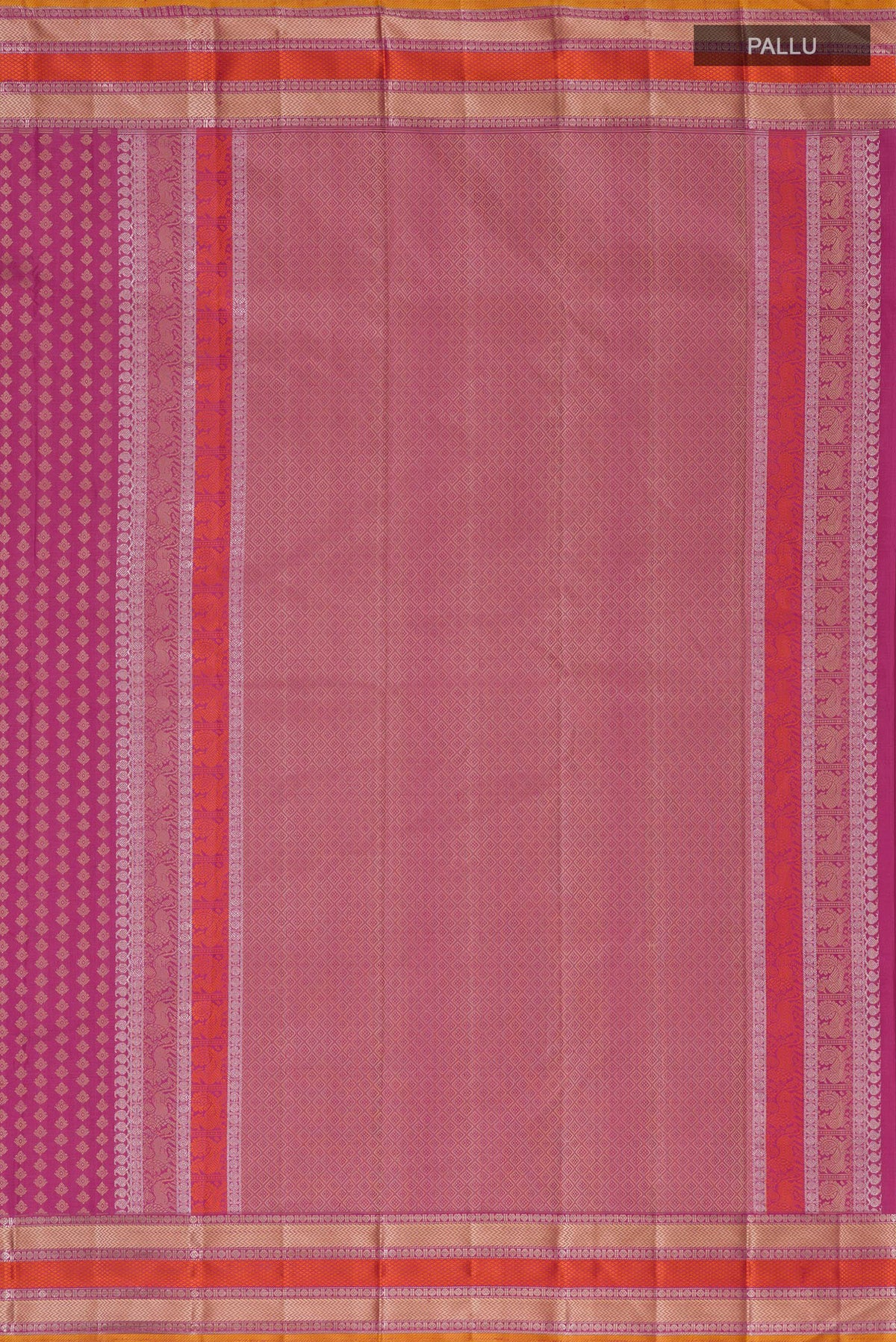 Close up image of the pallu of Pink Kanchipuram Silk Saree with Thread Butta on the body and Thread Border. 