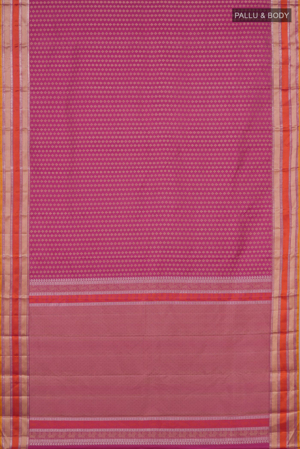 Flat view of Pink Kanchipuram Silk Saree with Thread Butta on the body and Thread Border. 