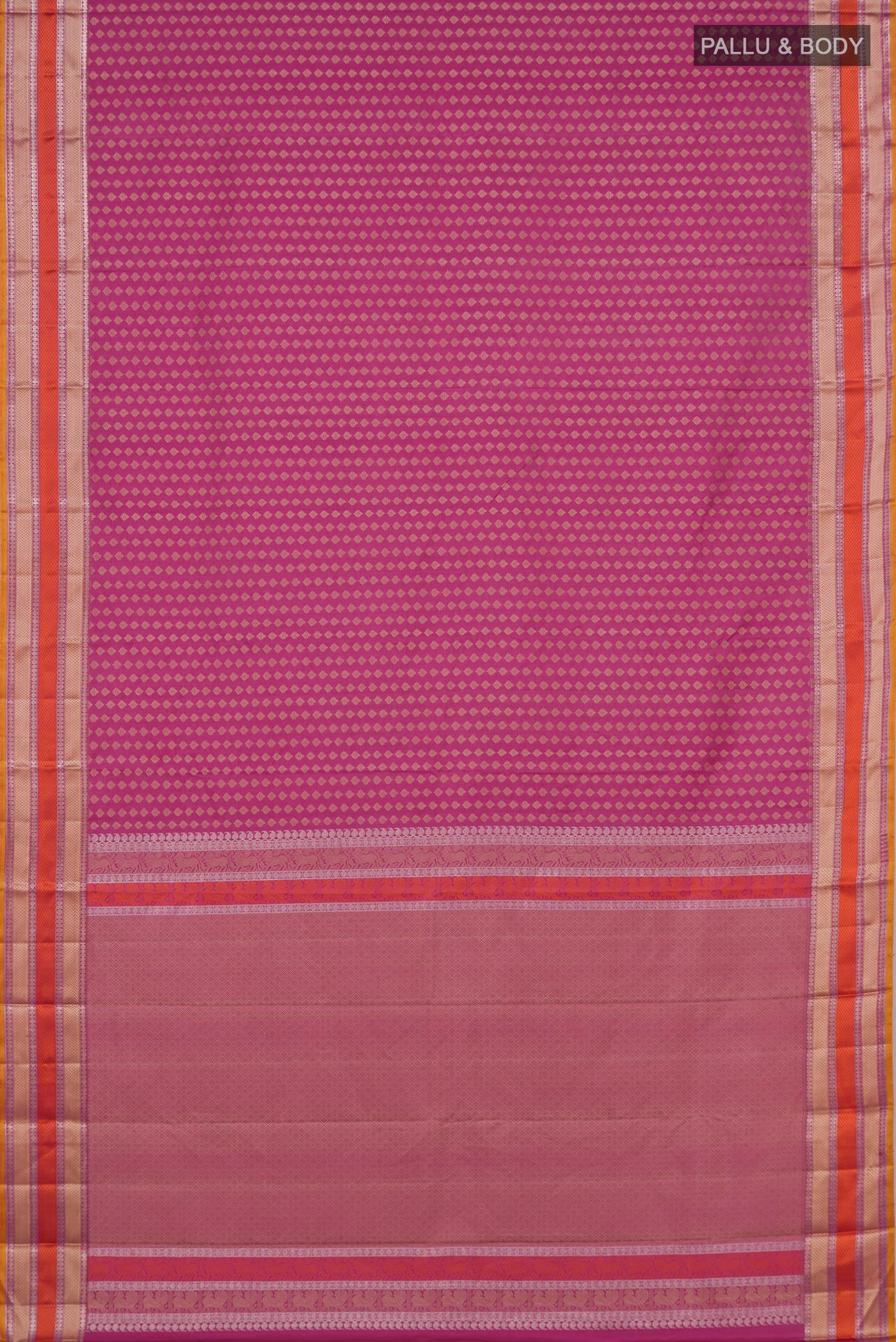 Flat view of Pink Kanchipuram Silk Saree with Thread Butta on the body and Thread Border. 