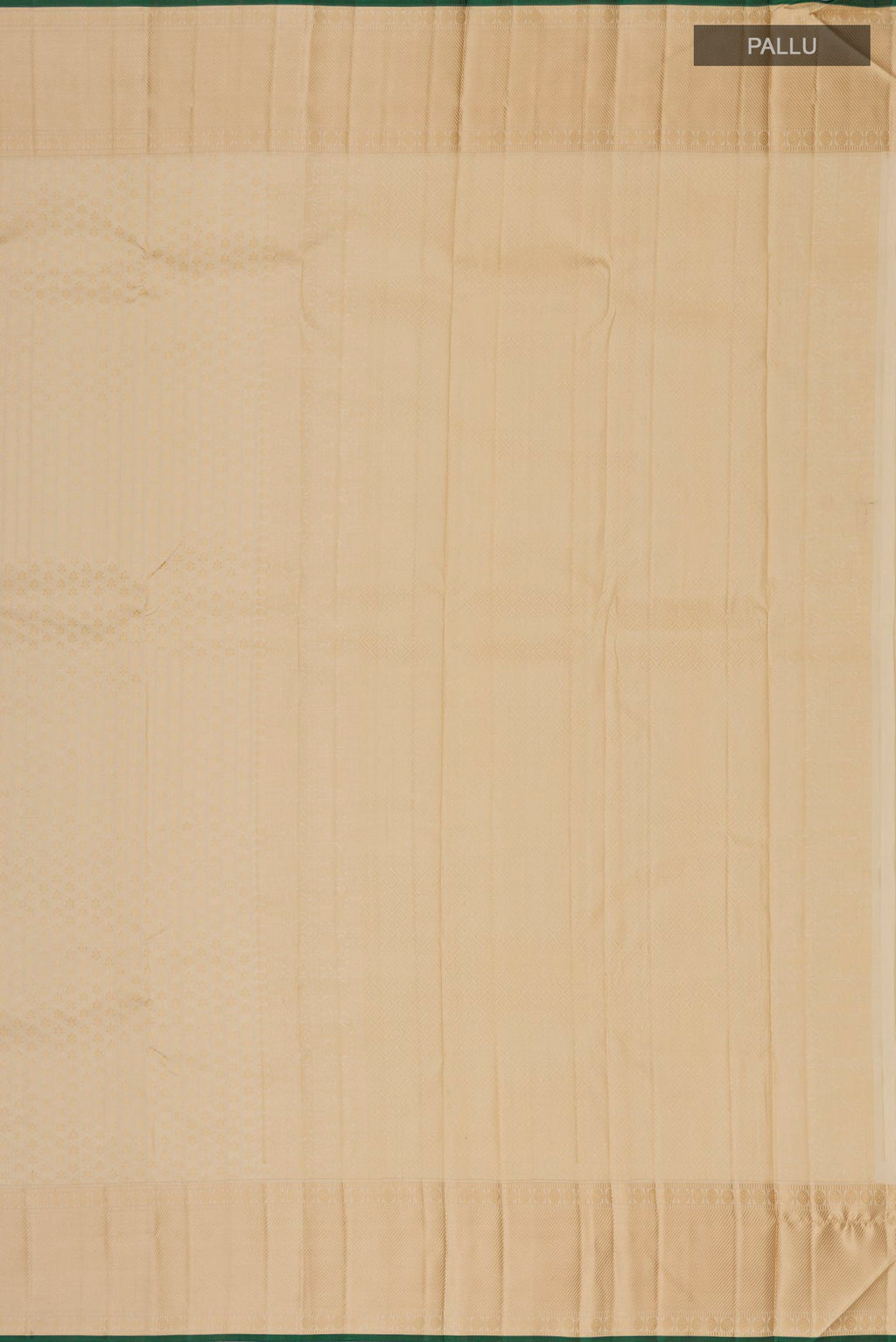 Close up image of the pallu of Cream Kanchipuram Silk Saree with Jacquard design on the body and Thread Border. 