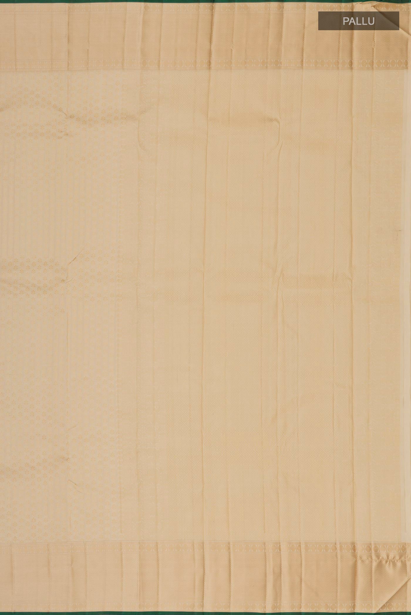 Close up image of the pallu of Cream Kanchipuram Silk Saree with Jacquard design on the body and Thread Border. 