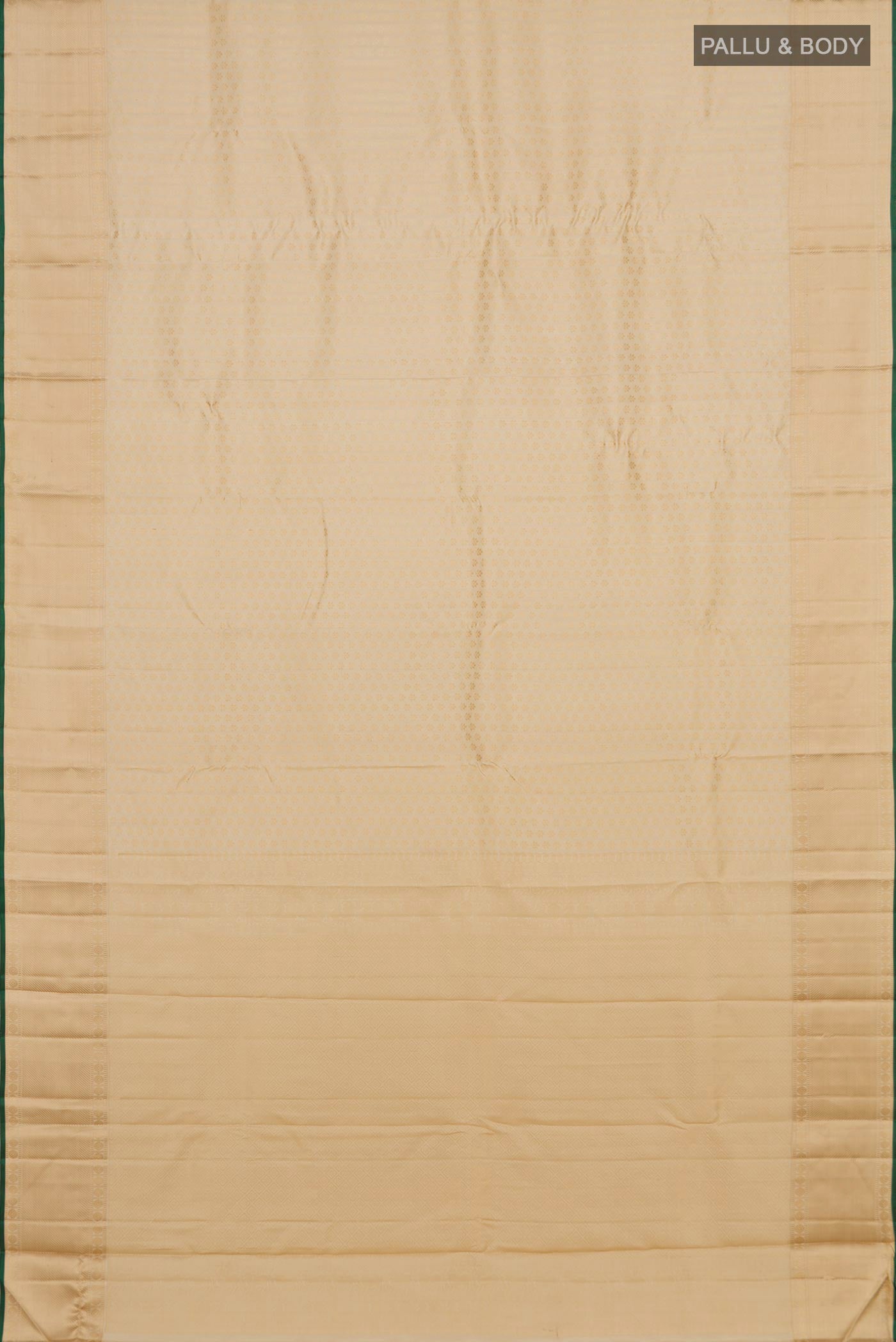 Flat view of Cream Kanchipuram Silk Saree with Jacquard design on the body and Thread Border. 
